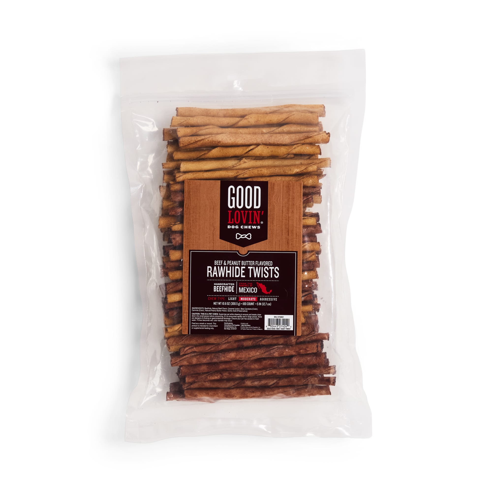 Good Lovin' Beef and Peanut Butter Flavored Rawhide Twist Dog Chews,  Pack of 100