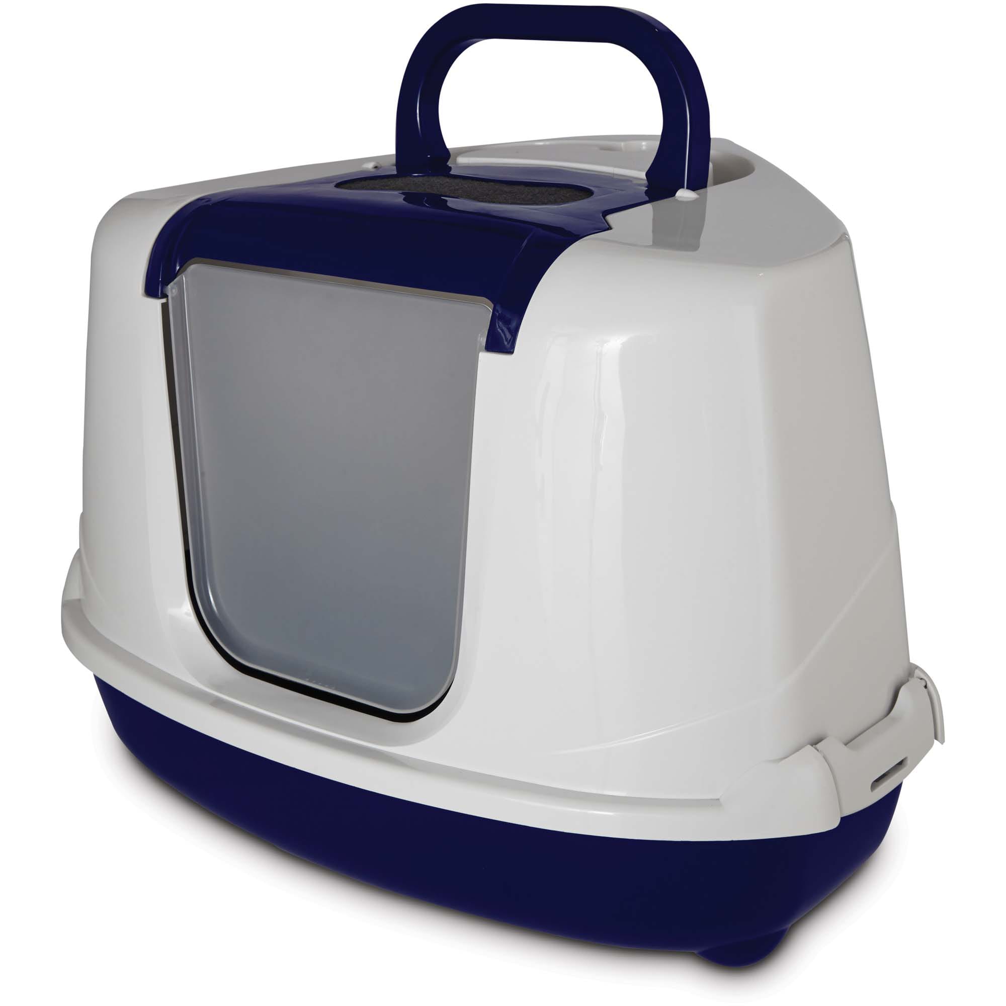 Corner litter outlet box with lid