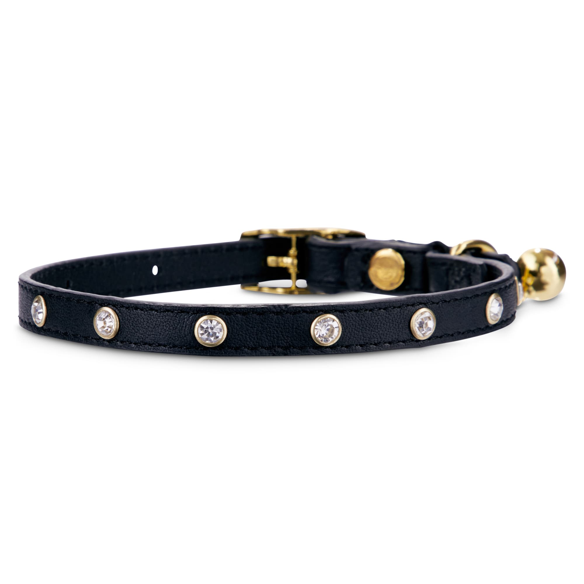 Youly Bejeweled Black Leather Cat Collar with Safety Stretch & Bell