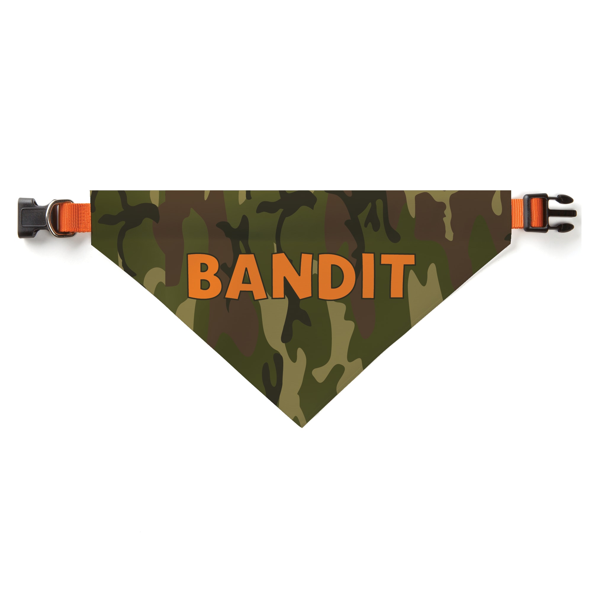 Personalized Green Camo Dog Bandana & Name in Orange