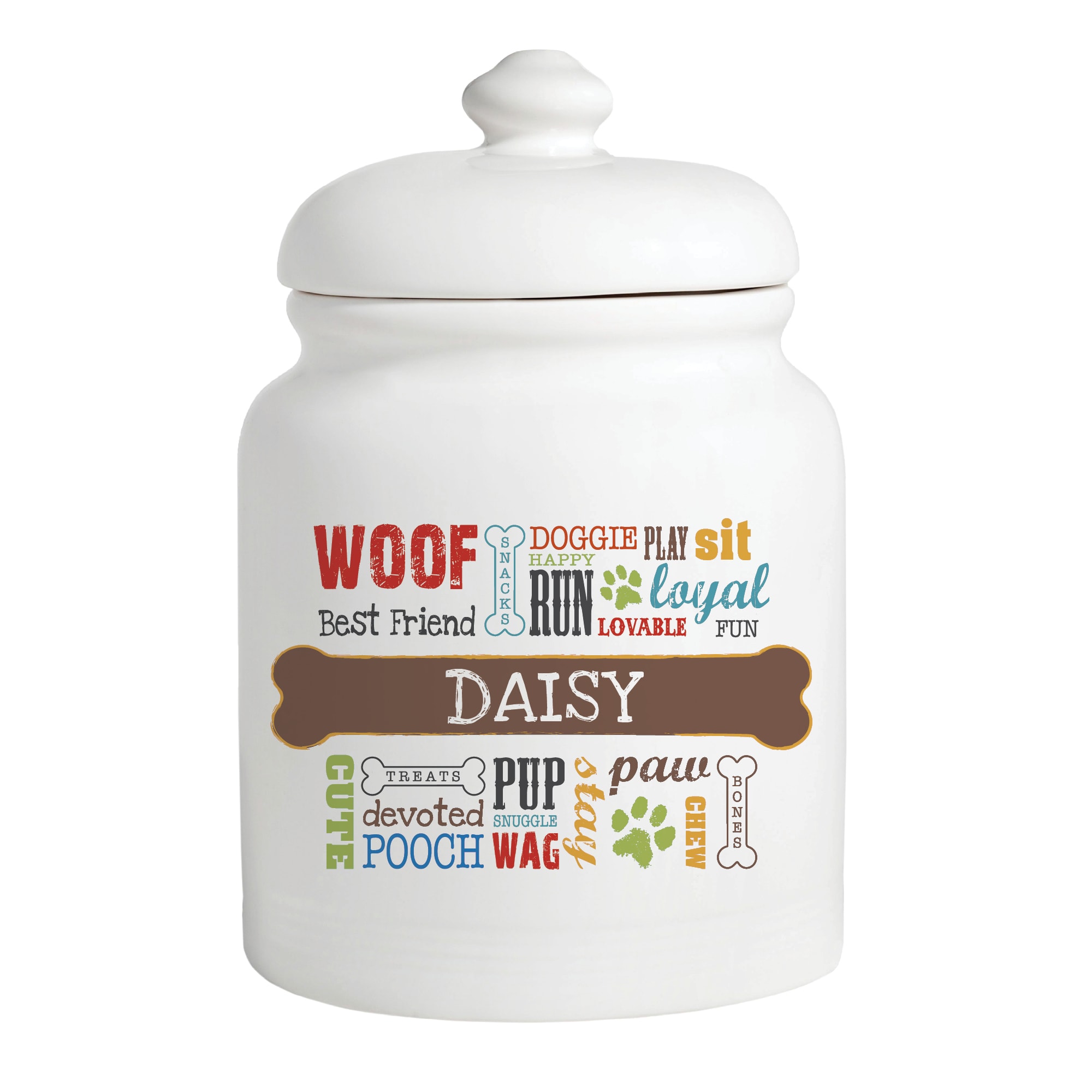 Personalized Dog Treat Jar with Colorful Words Sealed Lid