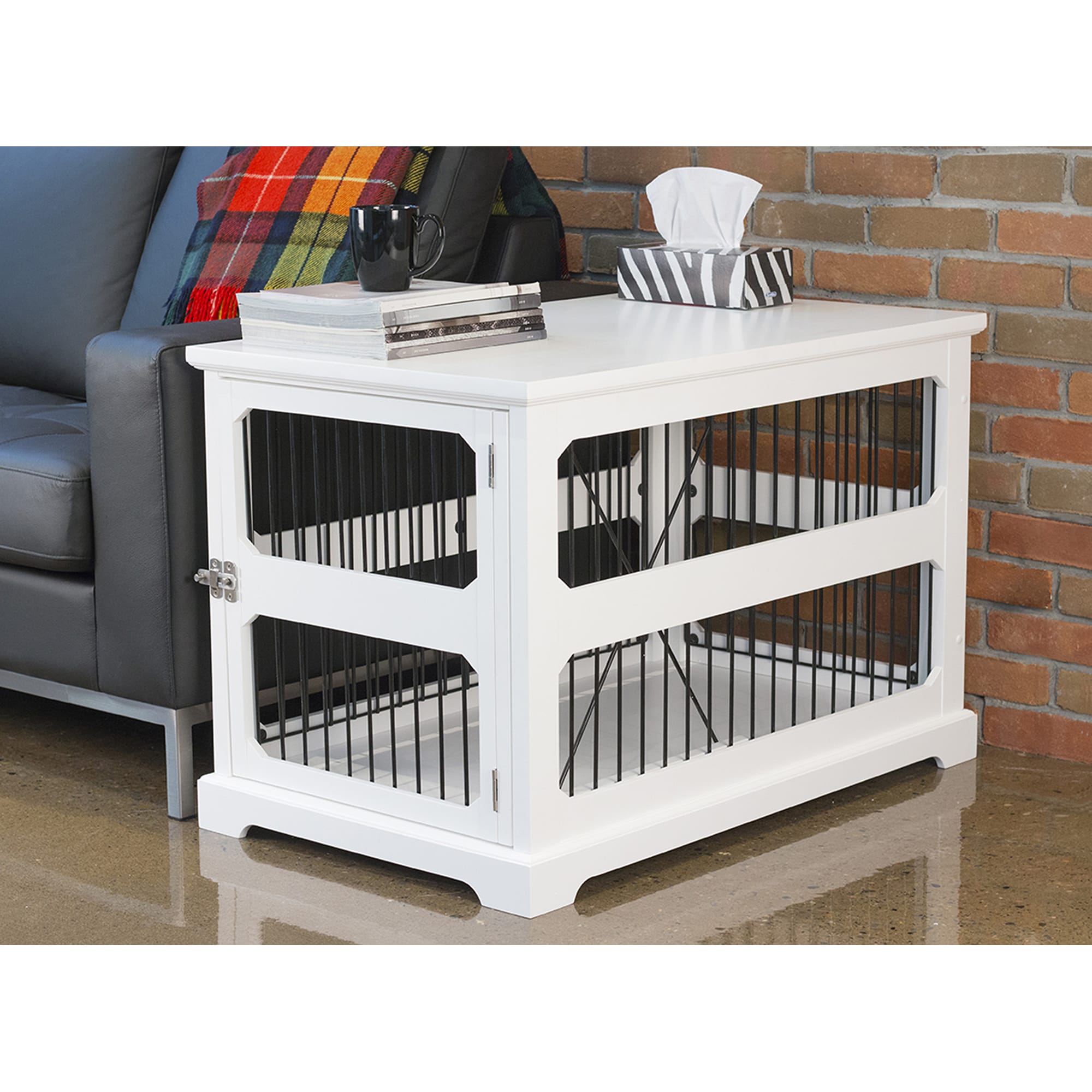 white dog crate end table