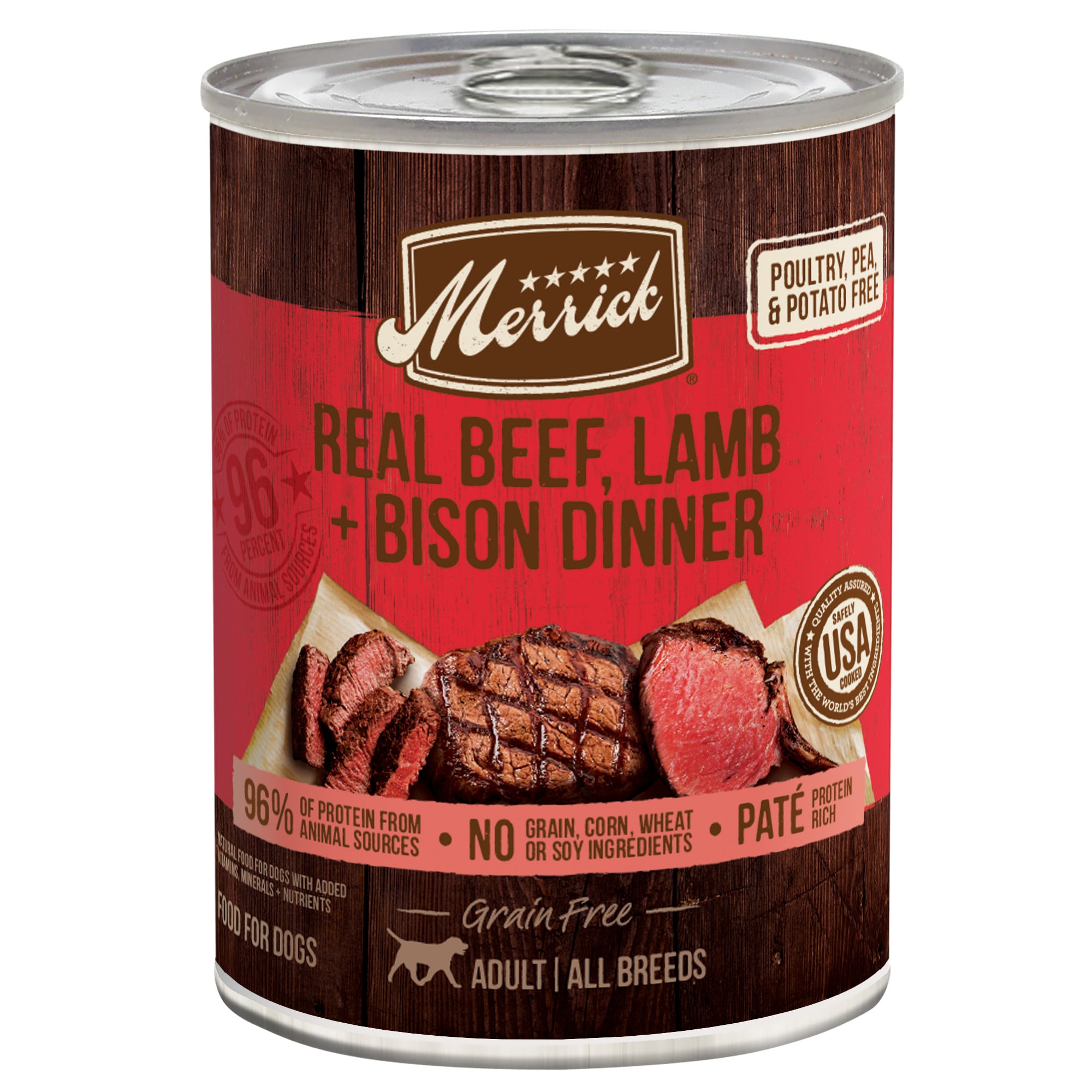 Merrick Real Grain Free Beef Lamb Bison Dinner Canned Dog Food 12.7 oz. Case of 12