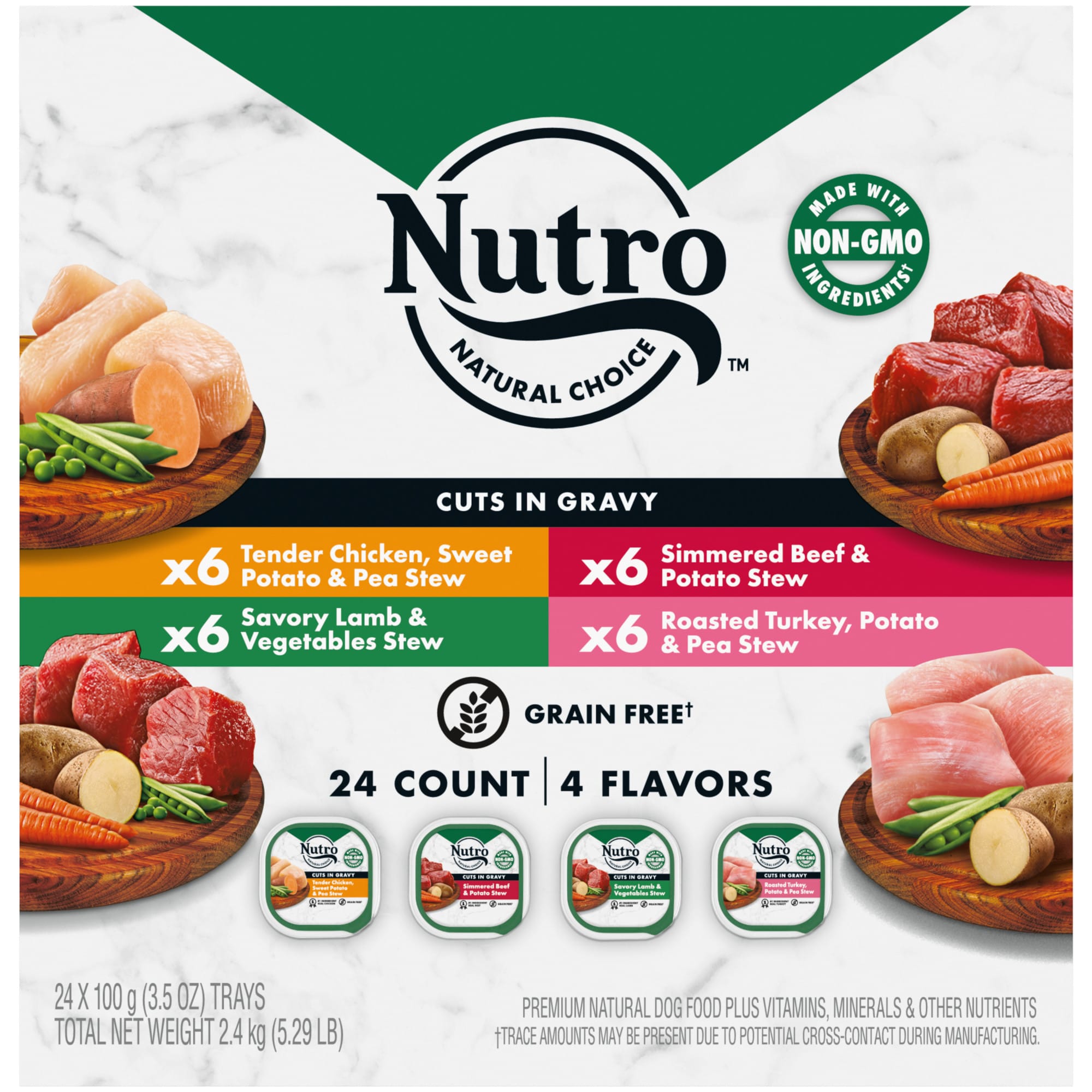 ((BB:05/23))(24) NUTRO Natural Grain Free Cuts in Gravy Beef  Lamb  Chicken  and Turkey Adult Wet Dog Food Variety Pack  3.5 oz. Trays