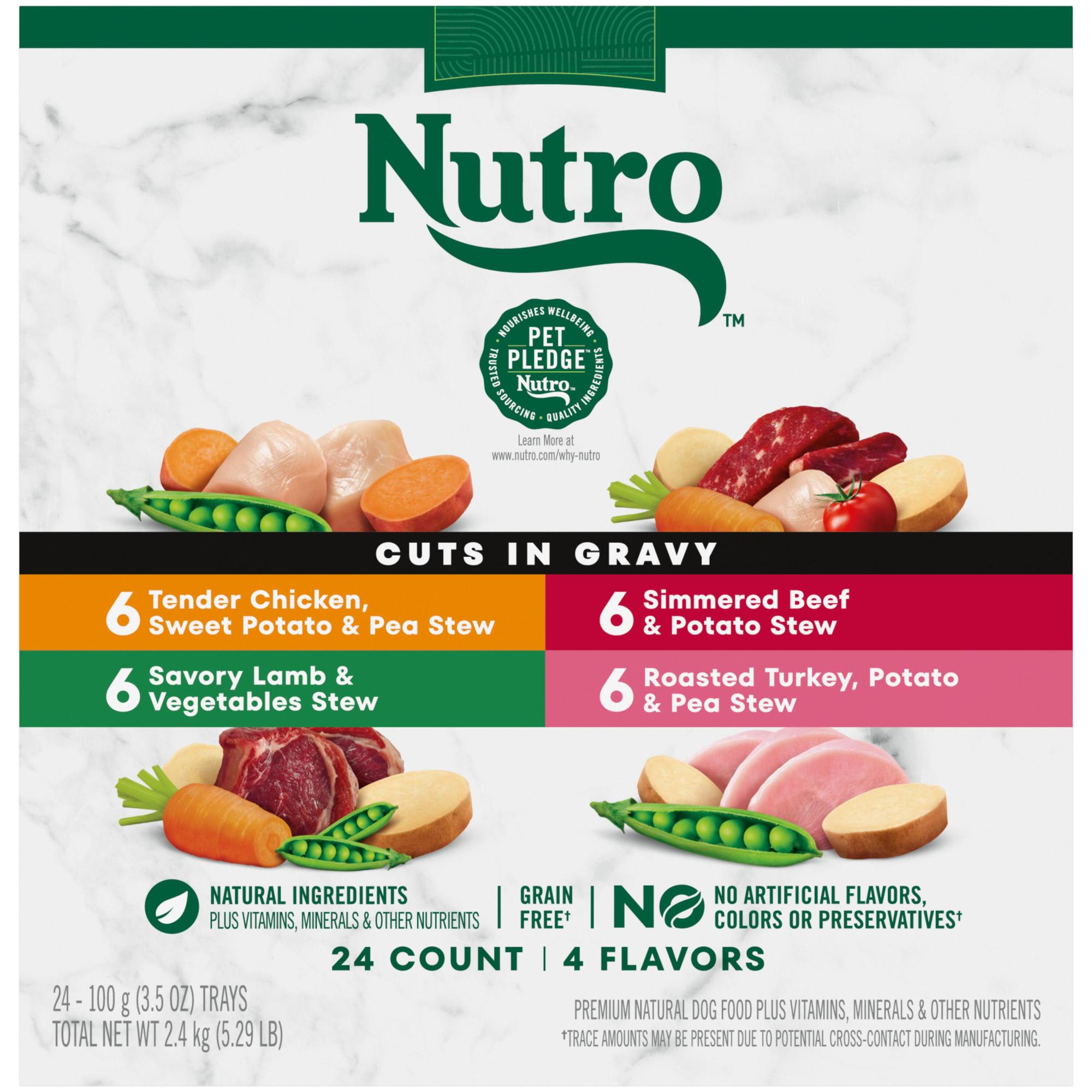 ((BB:05/23))(24) NUTRO Natural Grain Free Cuts in Gravy Beef  Lamb  Chicken  and Turkey Adult Wet Dog Food Variety Pack  3.5 oz. Trays