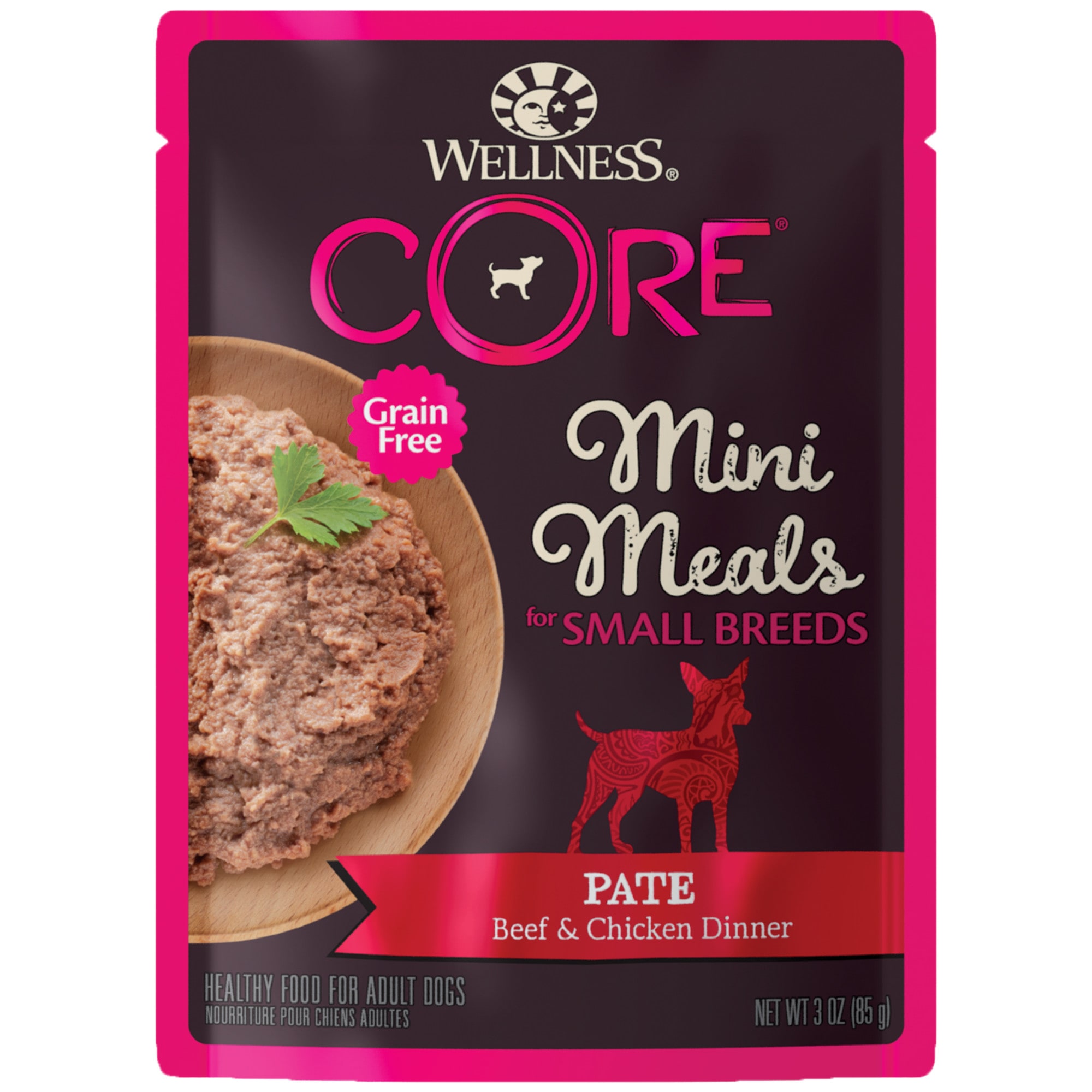 Wellness CORE Natural Grain Free Small Breed Mini Meals Pate Beef Chicken Dinner Wet Dog Food 3 oz. Case of 12