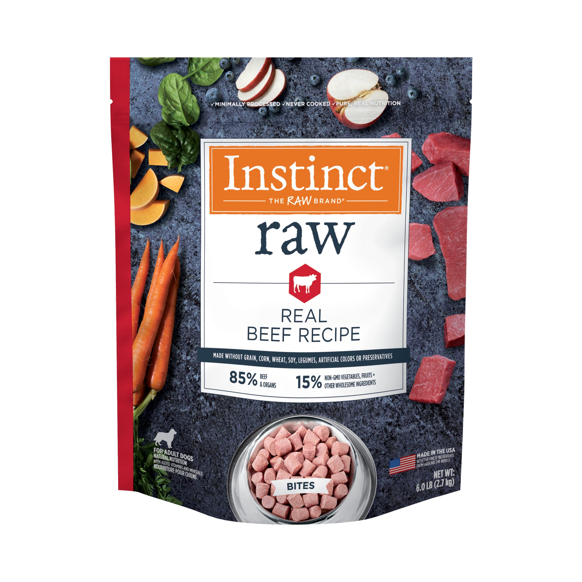 Instinct Frozen Raw Bites Grain Free Real Beef Recipe Dog Food 6 lbs