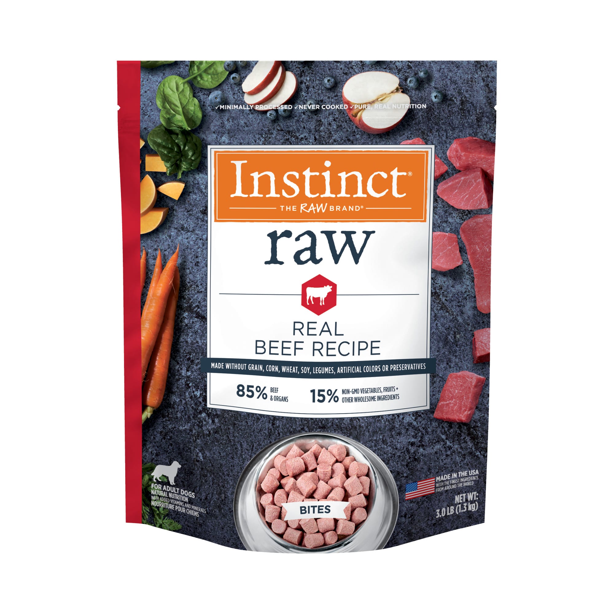 Instinct Frozen Raw Bites Grain Free Real Beef Recipe Dog Food 3 lbs