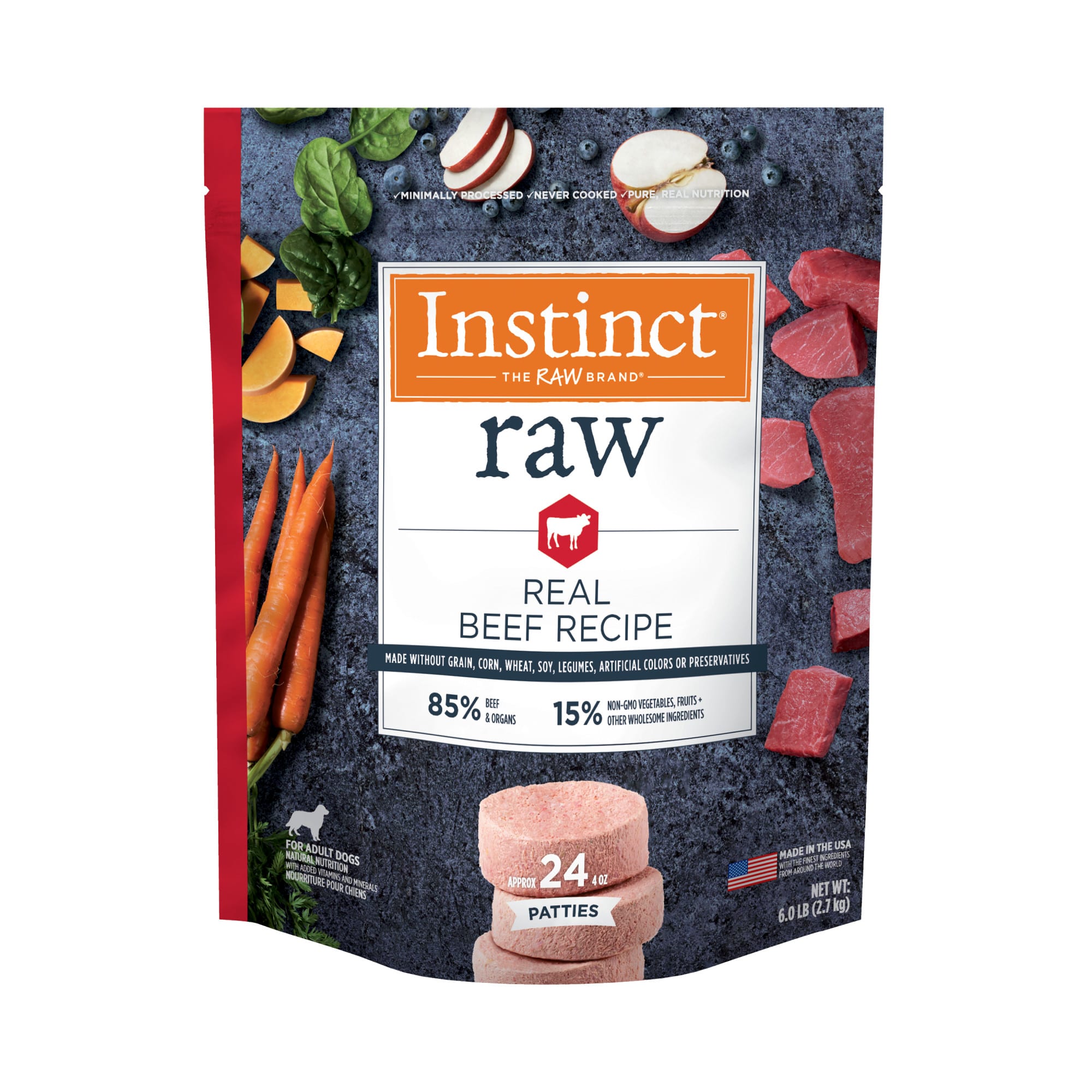 Instinct Frozen Raw Patties Grain Free Real Beef Recipe Dog Food 6 lbs