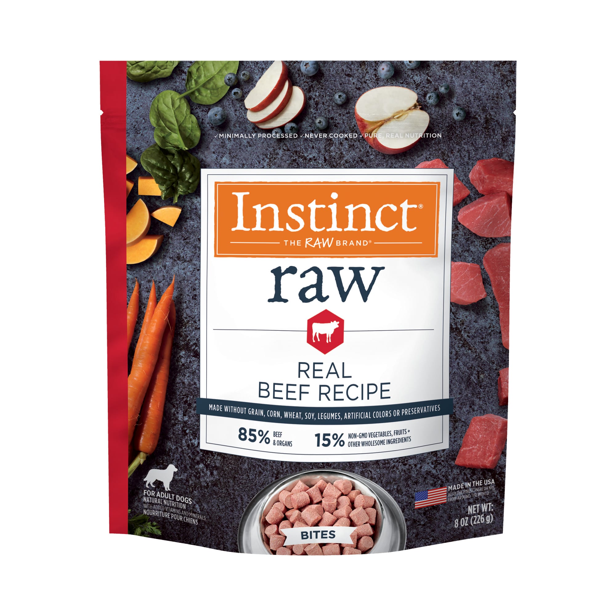 Instinct Frozen Raw Bites Grain Free Real Beef Recipe Dog Food, 8 oz