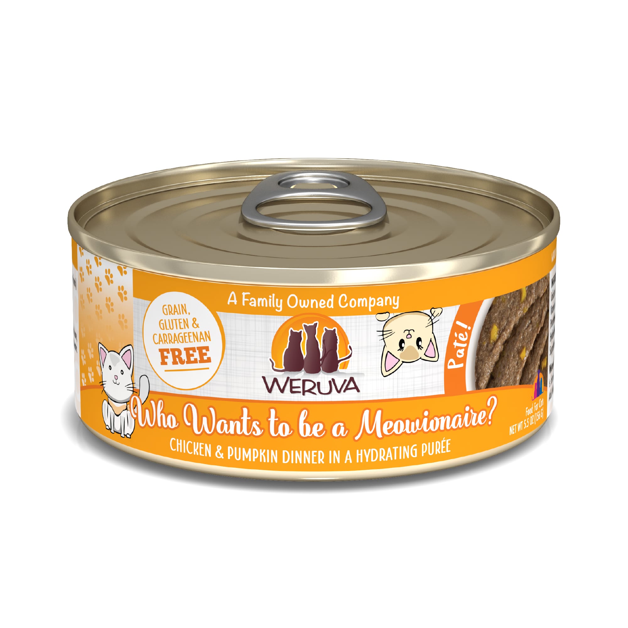 Weruva Pate Who Wants to be a Meowionaire? Chicken & Pumpkin Dinner in a Hydrating Puree Wet Cat Food, 5.5 oz., Case of 8