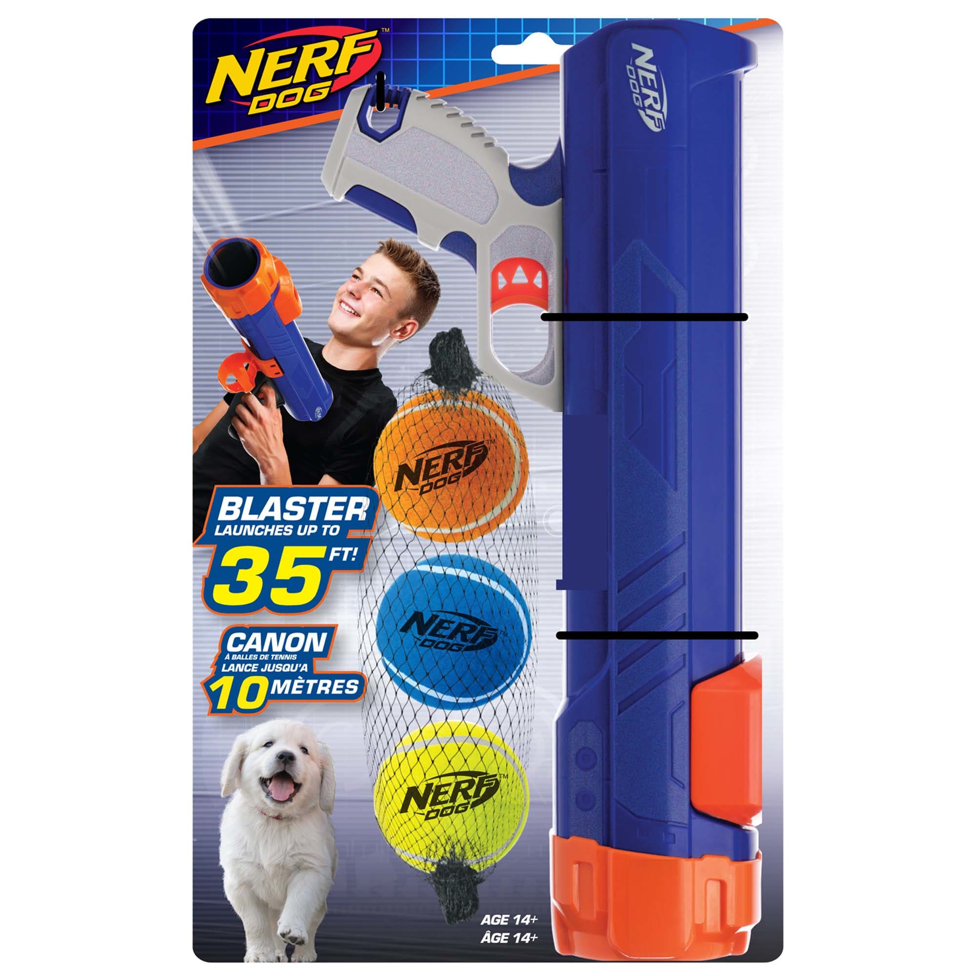 Nerf Gift Set Blaster Three Squeak Tennis Balls Blue Orange Gray and Blue Green and Orange Dog Toy Small Petco