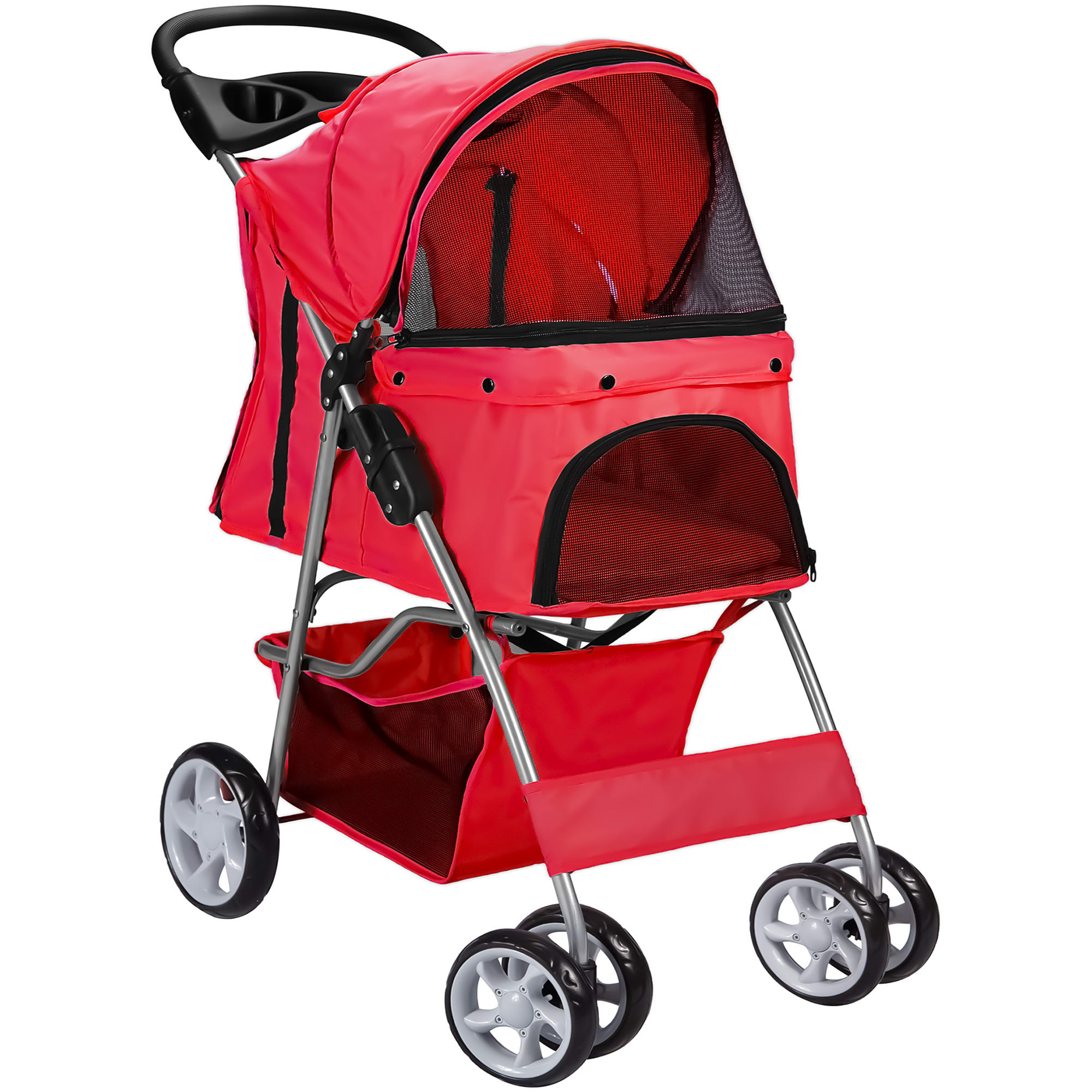 Paws & Pals Folding Pet Stroller for Dog Cat 4 Wheel (Red) (Small)
