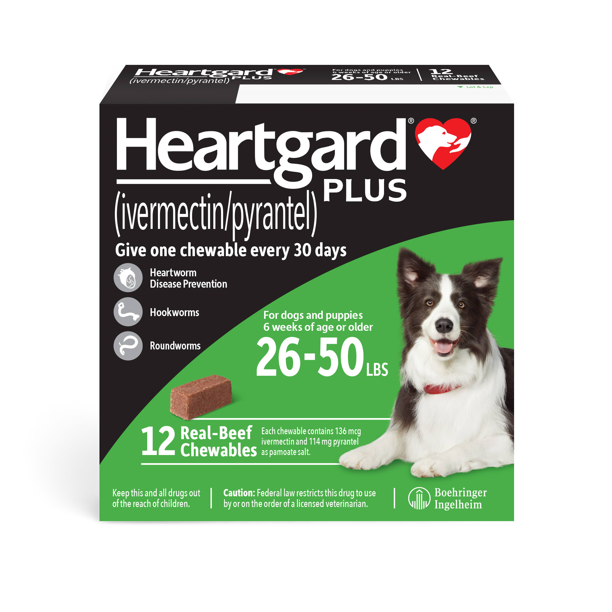 Heartgard Plus Chewables for Dogs 26 to 50 lbs. 6 Month Supply