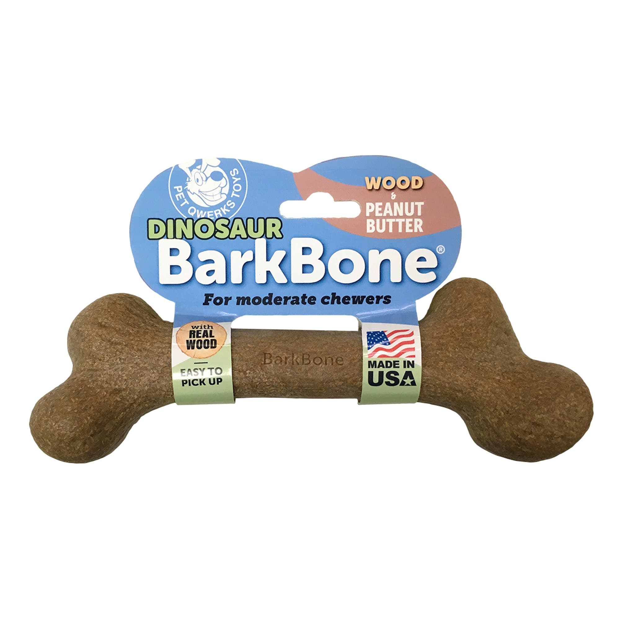 Pet Qwerks Dinosaur Wood Peanut Butter BarkBone Chew Dog Toys