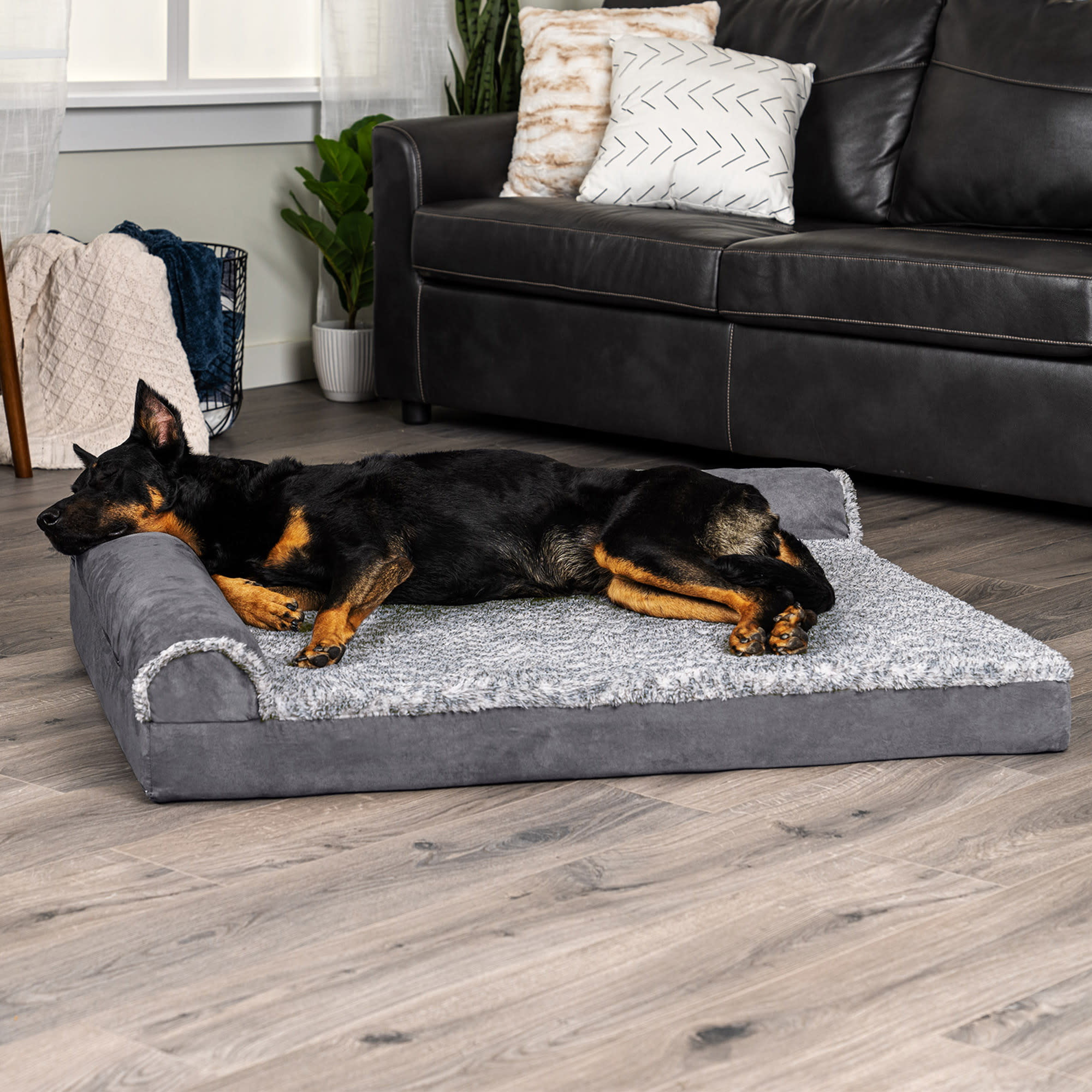 FurHaven Two Tone Faux Fur Suede Deluxe Chaise Lounge Orthopedic Sofa Dog Bed 40 L x 32 W Espresso Petco