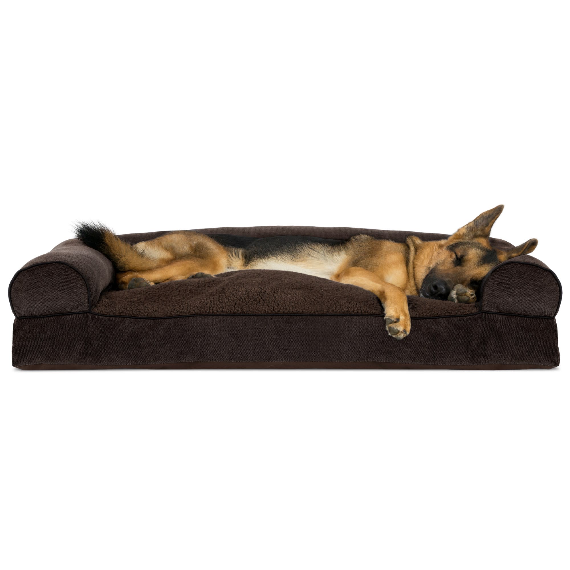 FurHaven Faux Fleece & Chenille Soft Woven Pillow Sofa Dog Bed, 40" L x 32" W, Coffee Petco