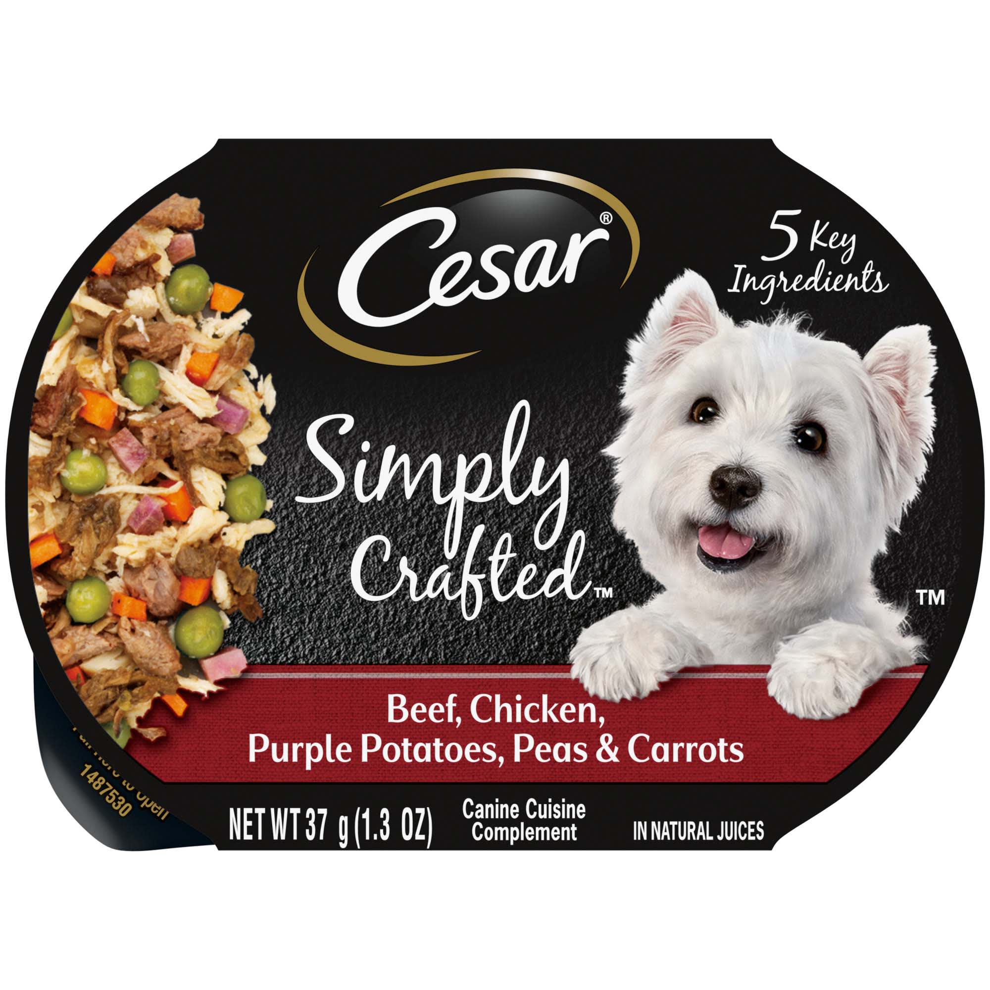 CESAR Simply Crafted Beef  Chicken  Purple Potatoes  Peas & Carrots Wet Dog Food  1.3 Oz. Tub ( Best By 05/06/2026)