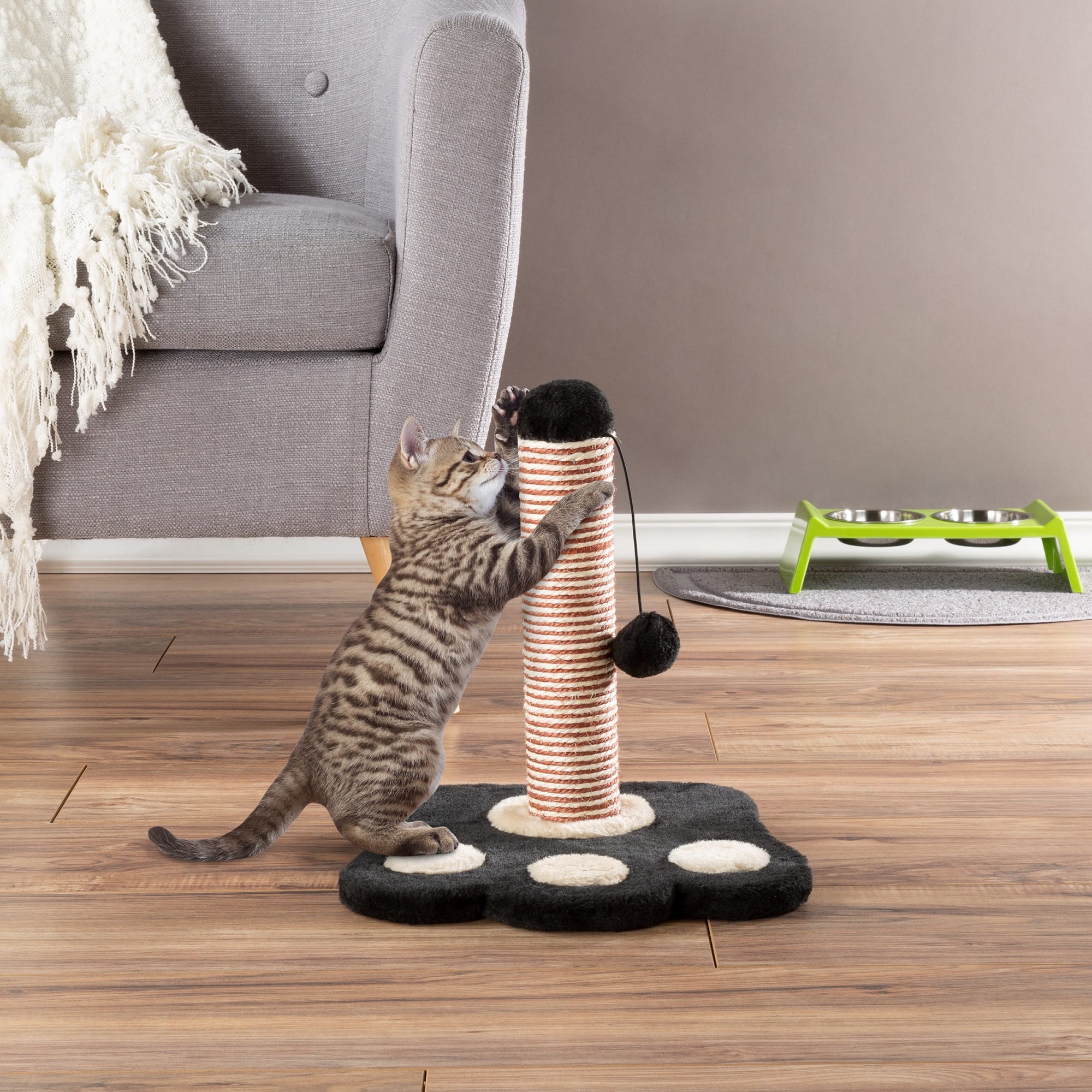 GOHOO PET Cat Scratching Post Kitten Claw Scratcher Toy with Natural Sisal Rope and Track Ball 25.2’’ Tall, Wand Toy Sturdy Wooden Base 