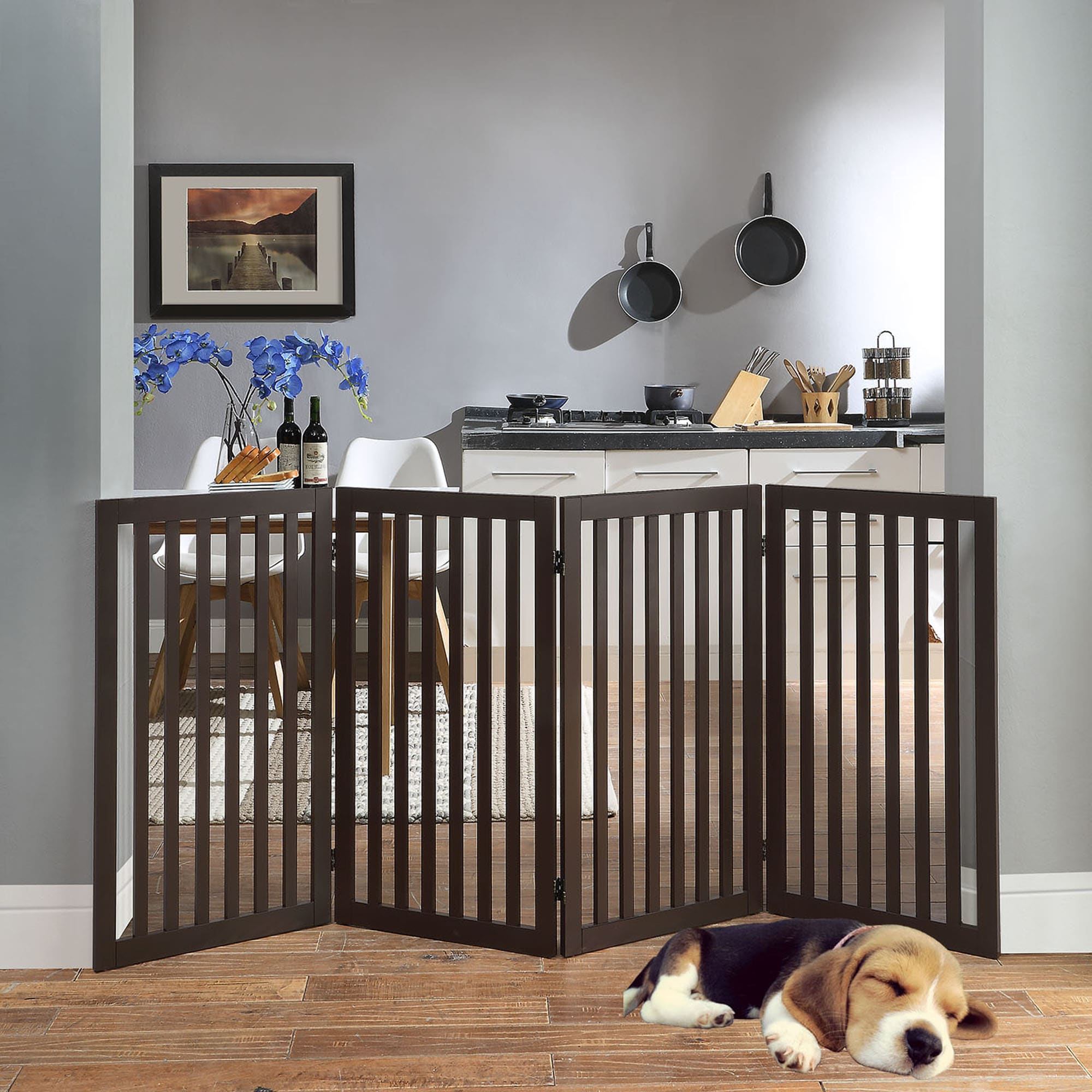(defective, a little broken) UniPaws Flat Wooden 4 Panel Dog Gate Espresso Freestanding, 20"-80" W X 36" H, Large, Brown