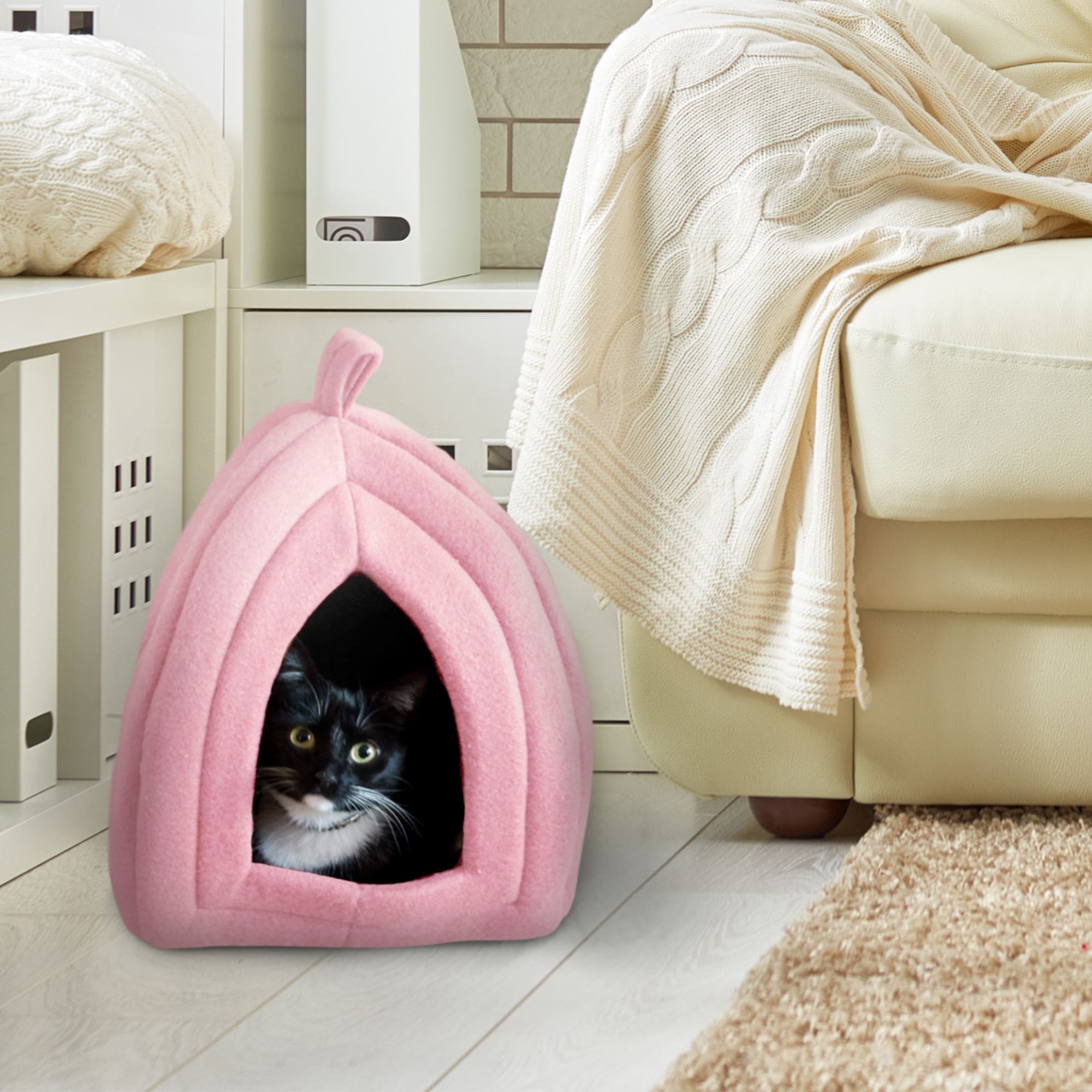 Gray, M Cliramer Cat Bed House Cat Tent Bed 2-in 1 Self-Warming Comfortable Triangle Cat Igloo Bed Pet Tent House 