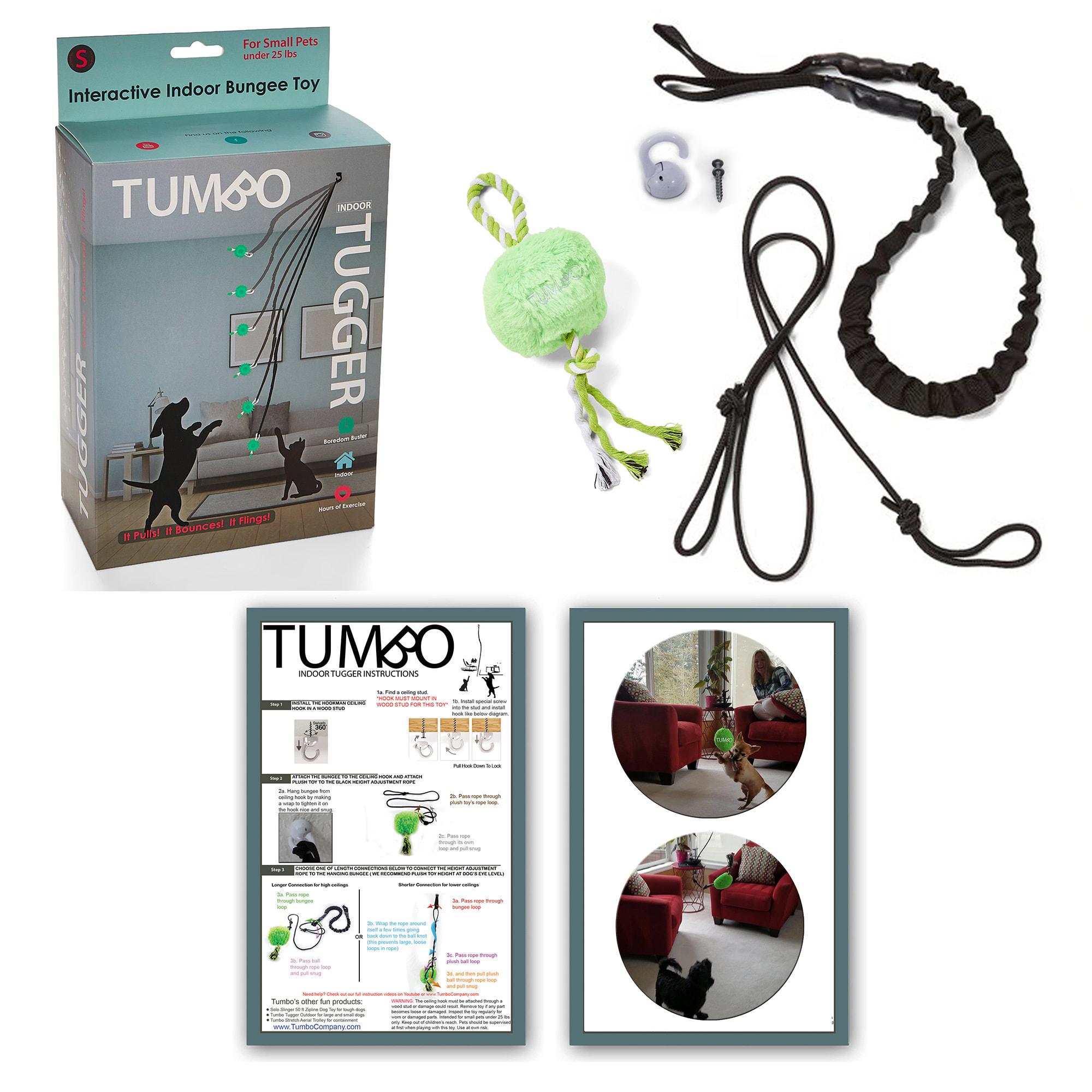 Tumbo Outdoor Tugger Hanging Bungee Powered Interactive Dog Toy, Small