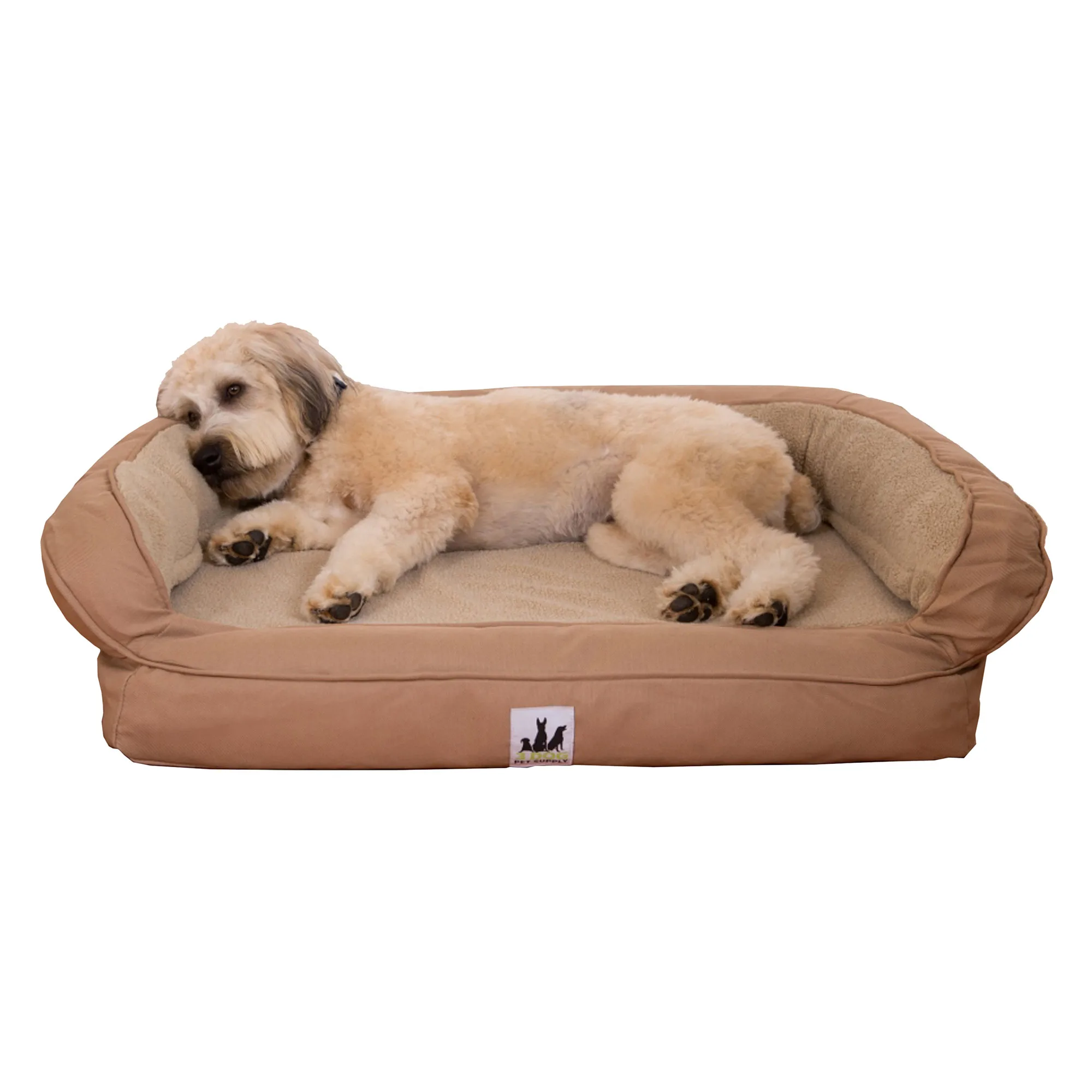 3 Dog Personalized EZ Wash Fleece Bolster Tan Dog Bed, 38" L X 26" W X