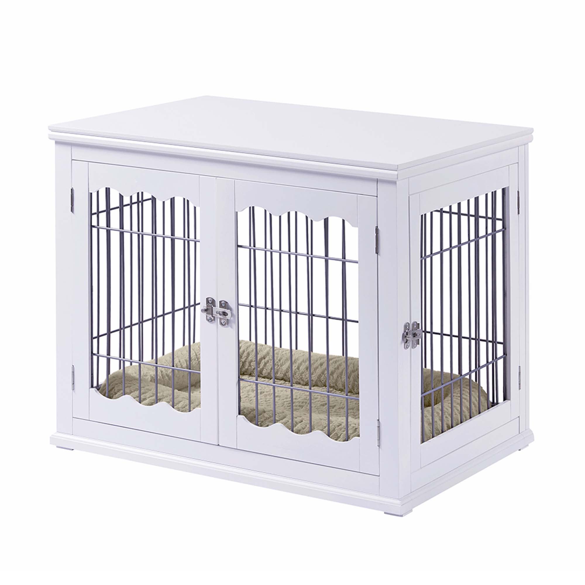 Unipaws Pet Crate with Pet Bed, Wooden Wire Dog Kennel in White, 32