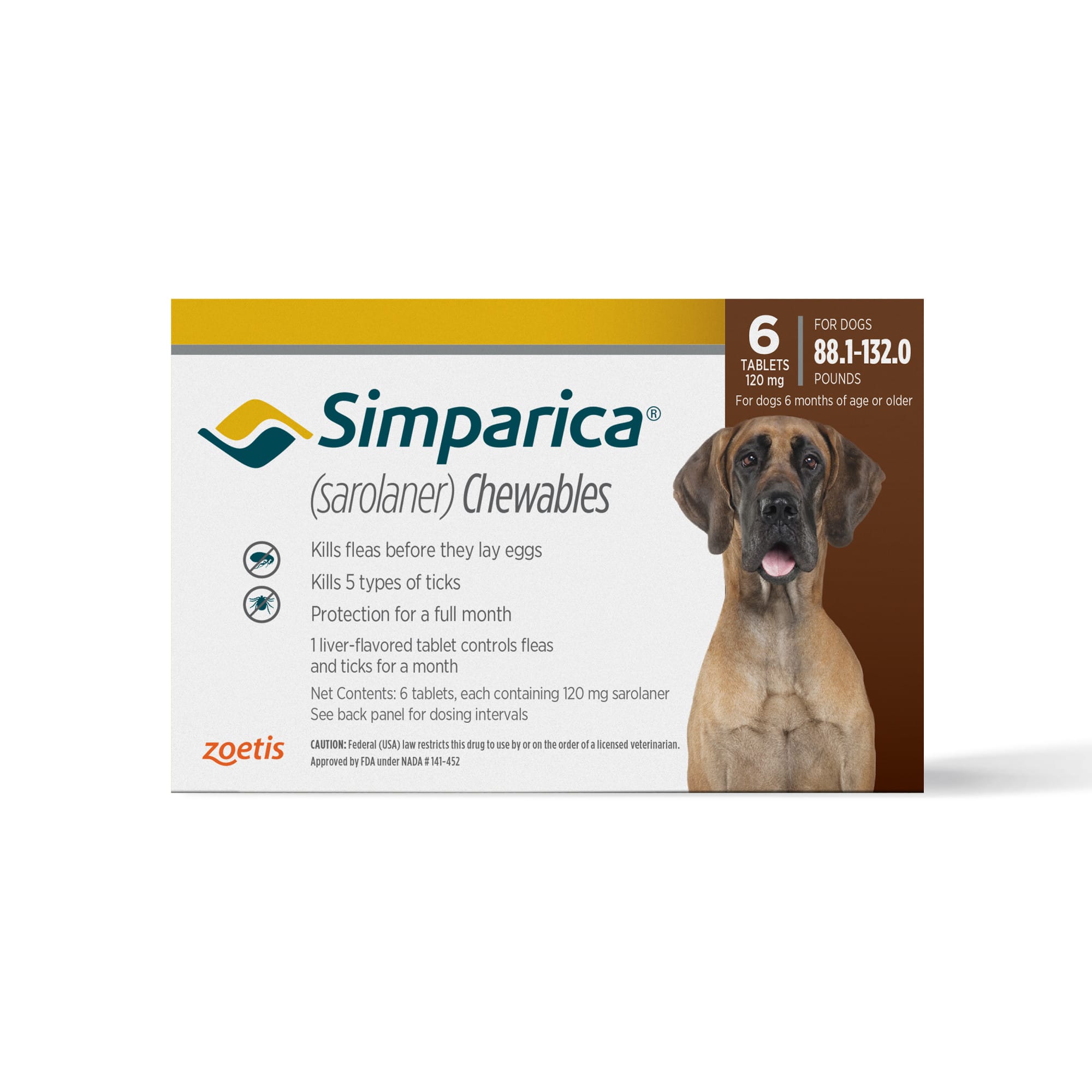 Simparica Chewable for Dogs 88.1-132 lbs, 6 Month Supply, 6 CT