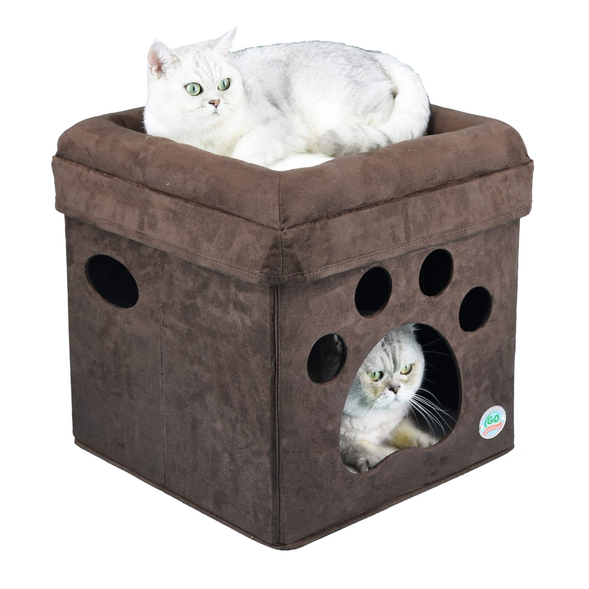 Go Pet Club Brown Paw Print Cat Cube Bed 16"