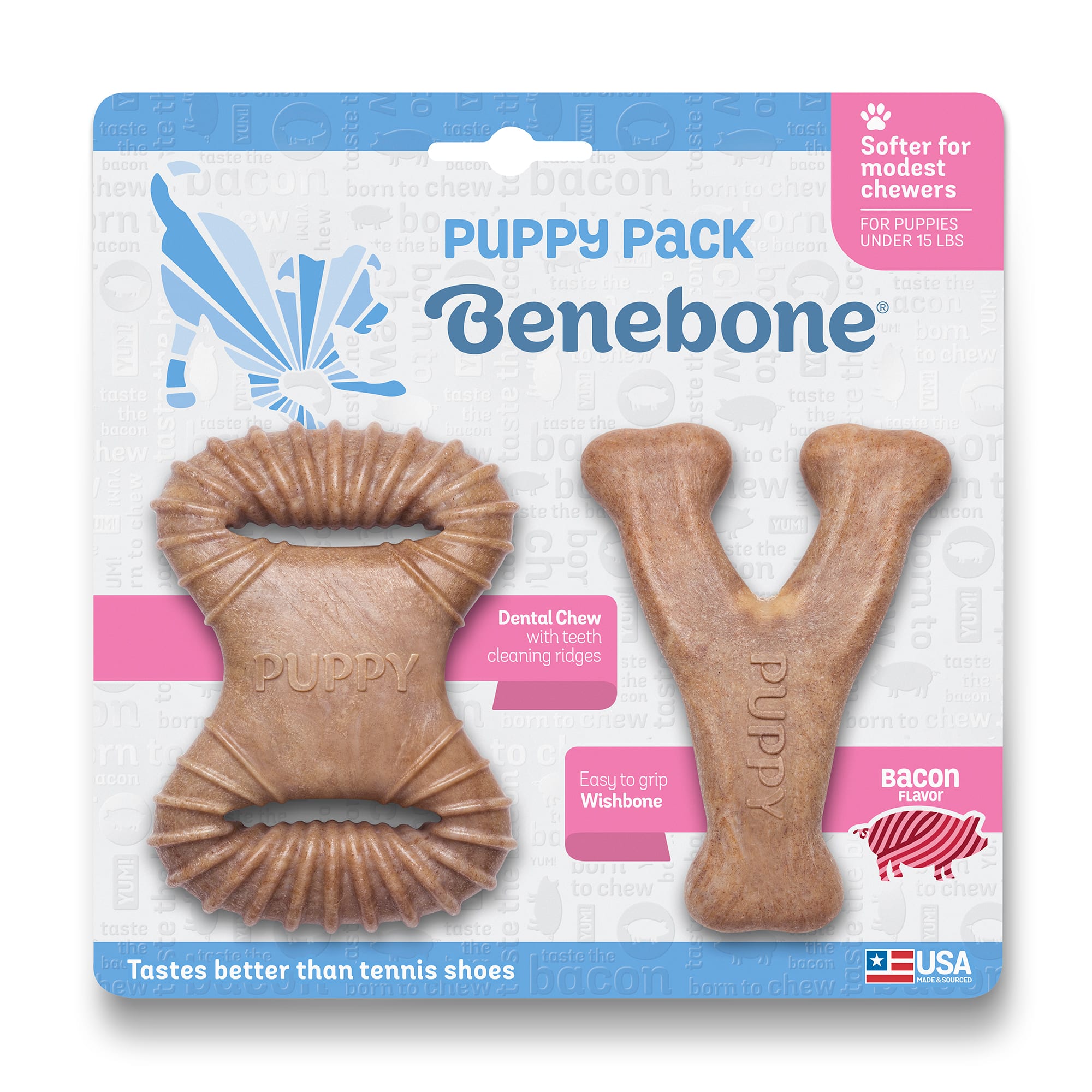 Benebone Bacon Flavor Puppy Chew Toys X Small Pack of 2