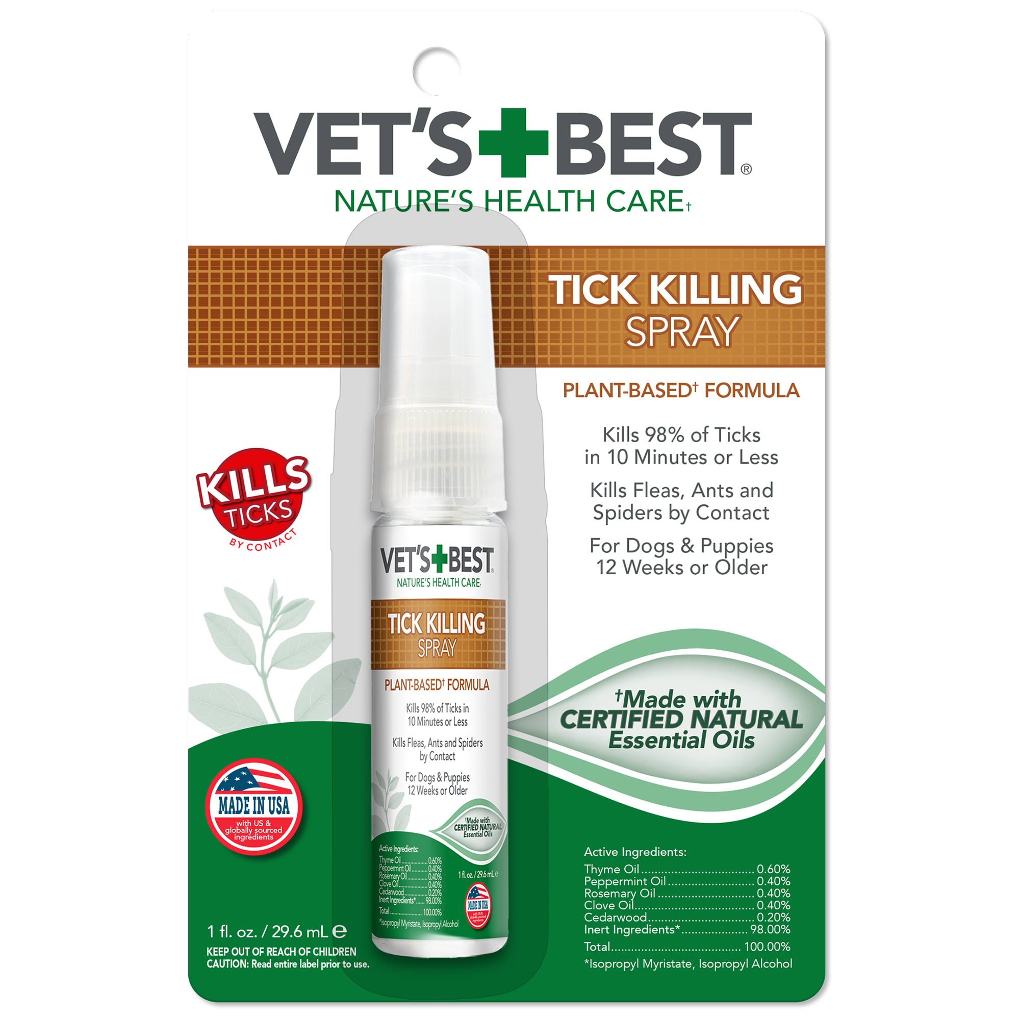 Vet's Best Tick & Flea Spray for Dogs, PlantBased, 1 fl oz