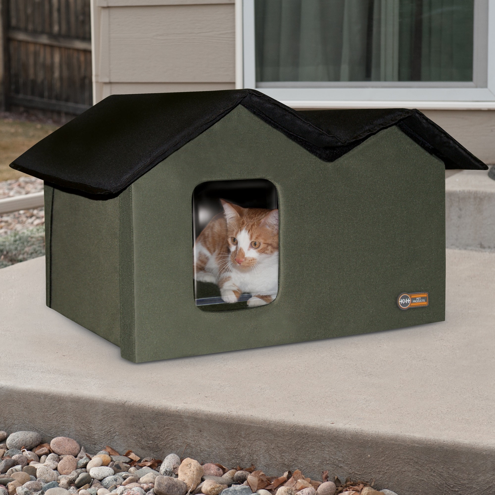 Ku0026H Olive/Black Outdoor Extra-Wide Kitty House, 26.5 L X 13.5 W X 21.5 H  | Petco