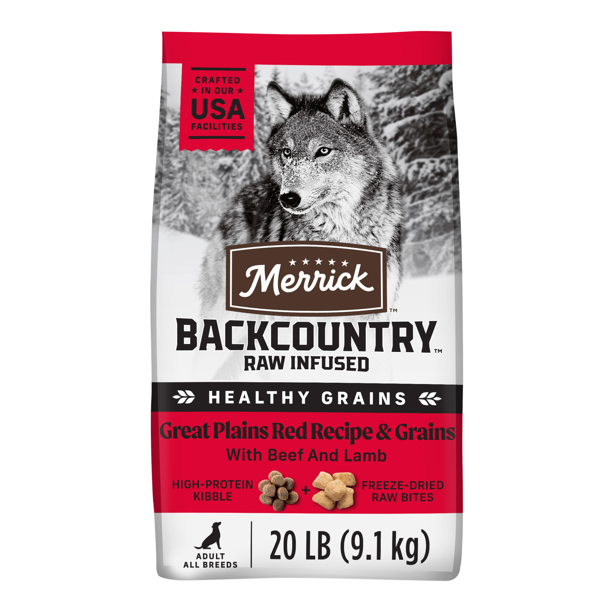 Merrick Backcountry Healthy Grains Kibble with Freeze Dried Raw Pieces Great Plains Red Meat Recipe Dog Food 20 lbs. Petco