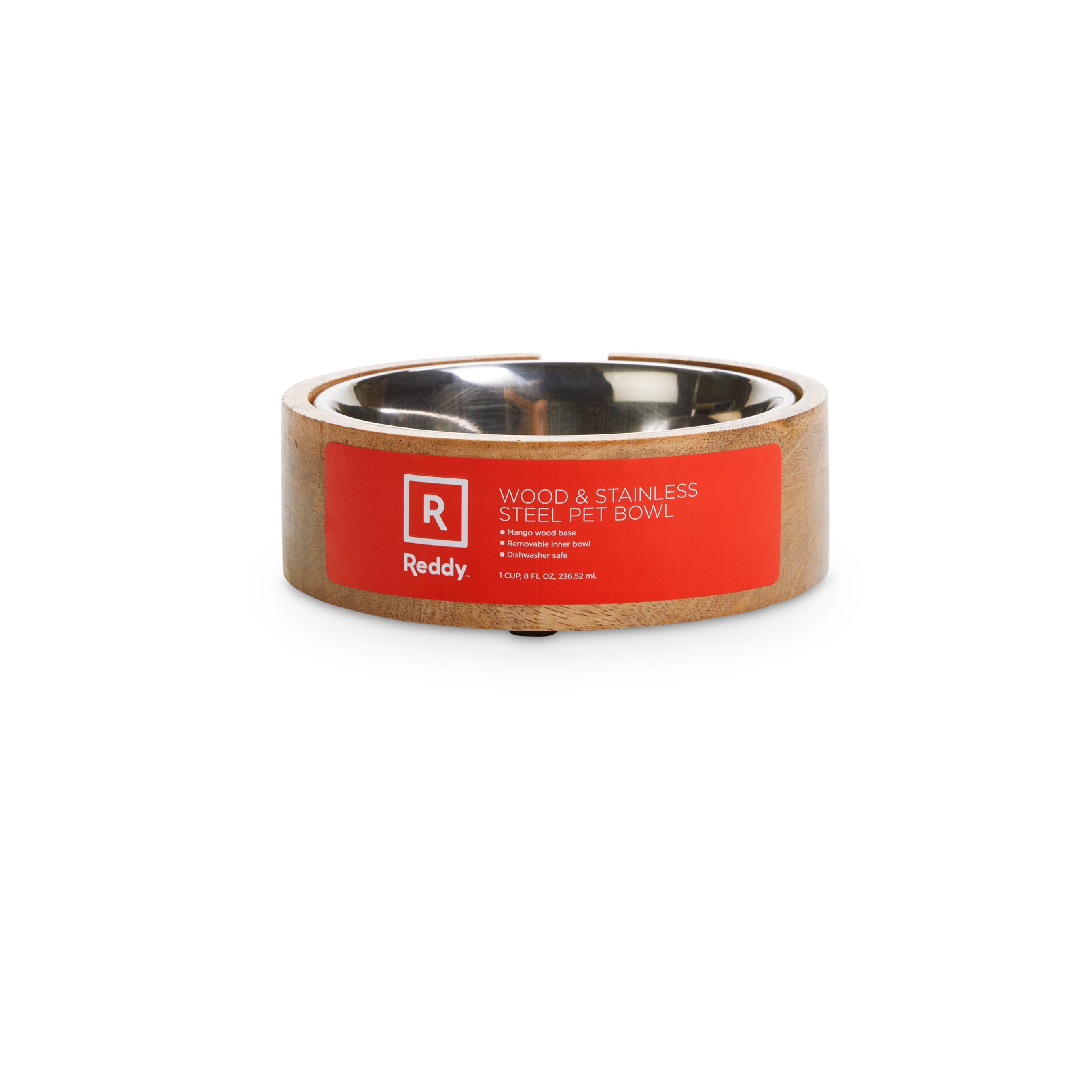 Reddy Stainless-Steel with Mango Wood Base Dog Bowl, 1 Cup, Small, Brown