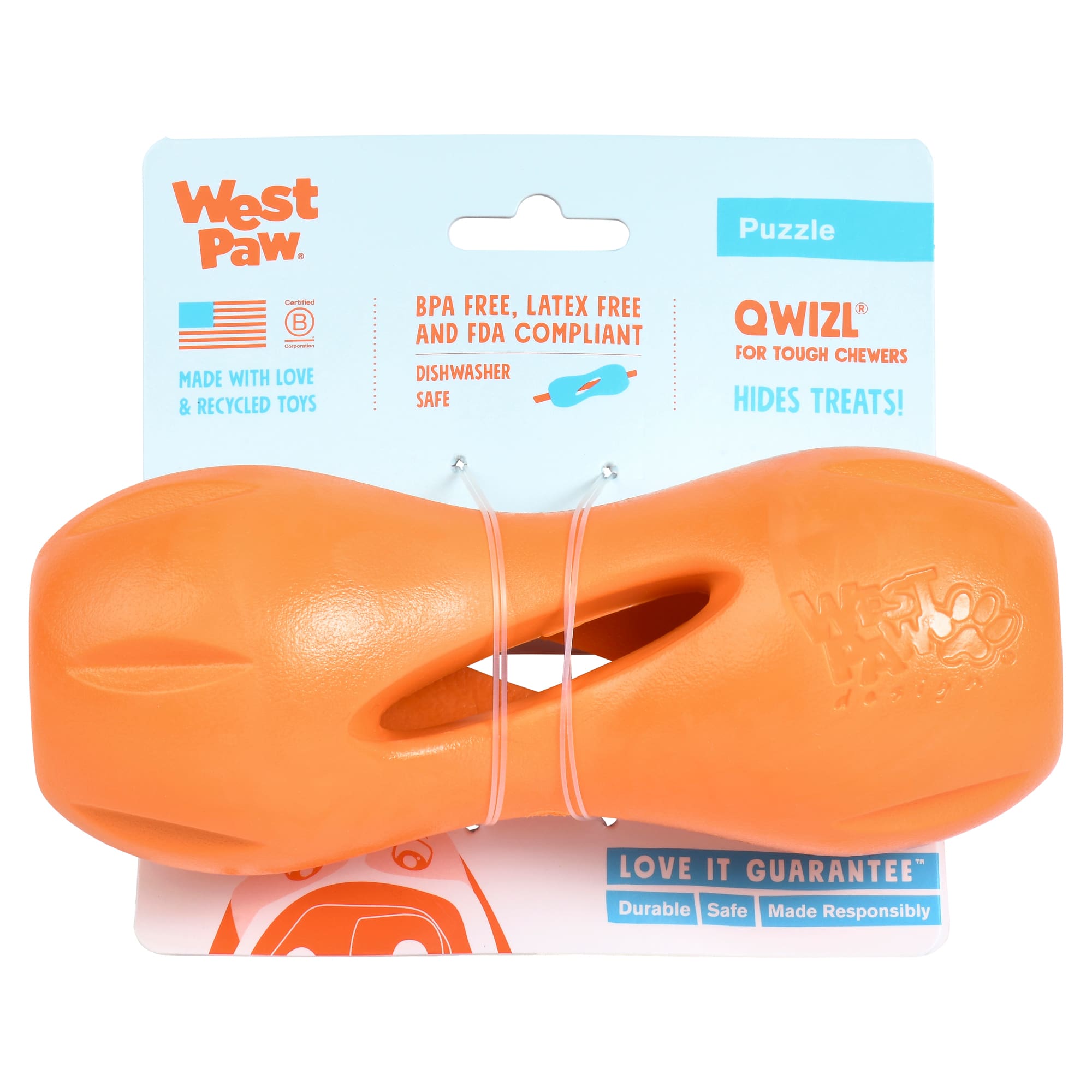 West Paw Qwizl Dog Puzzle Treat Toy, Orange, Large 6.5 - Esbenshades