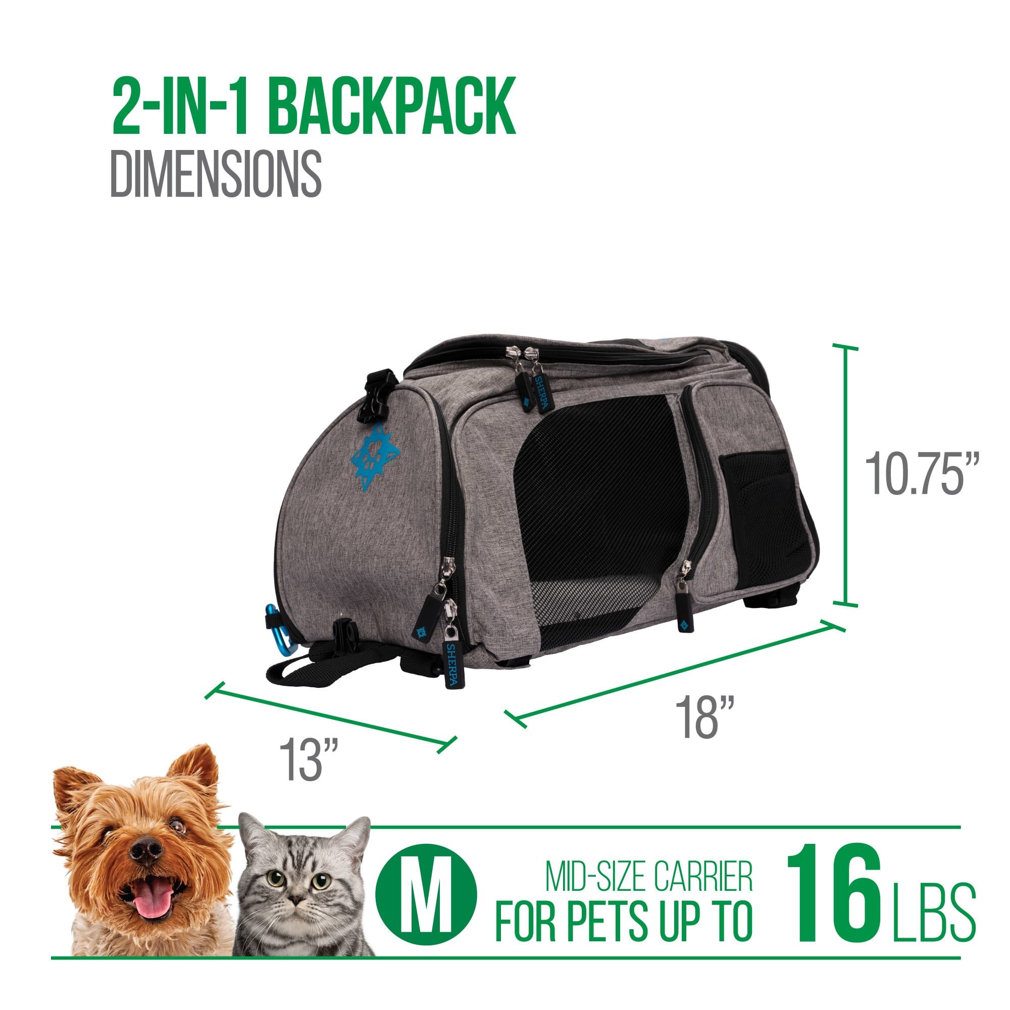 SHERPA Backpack Dog & Cat Carrier, Medium, Gray 