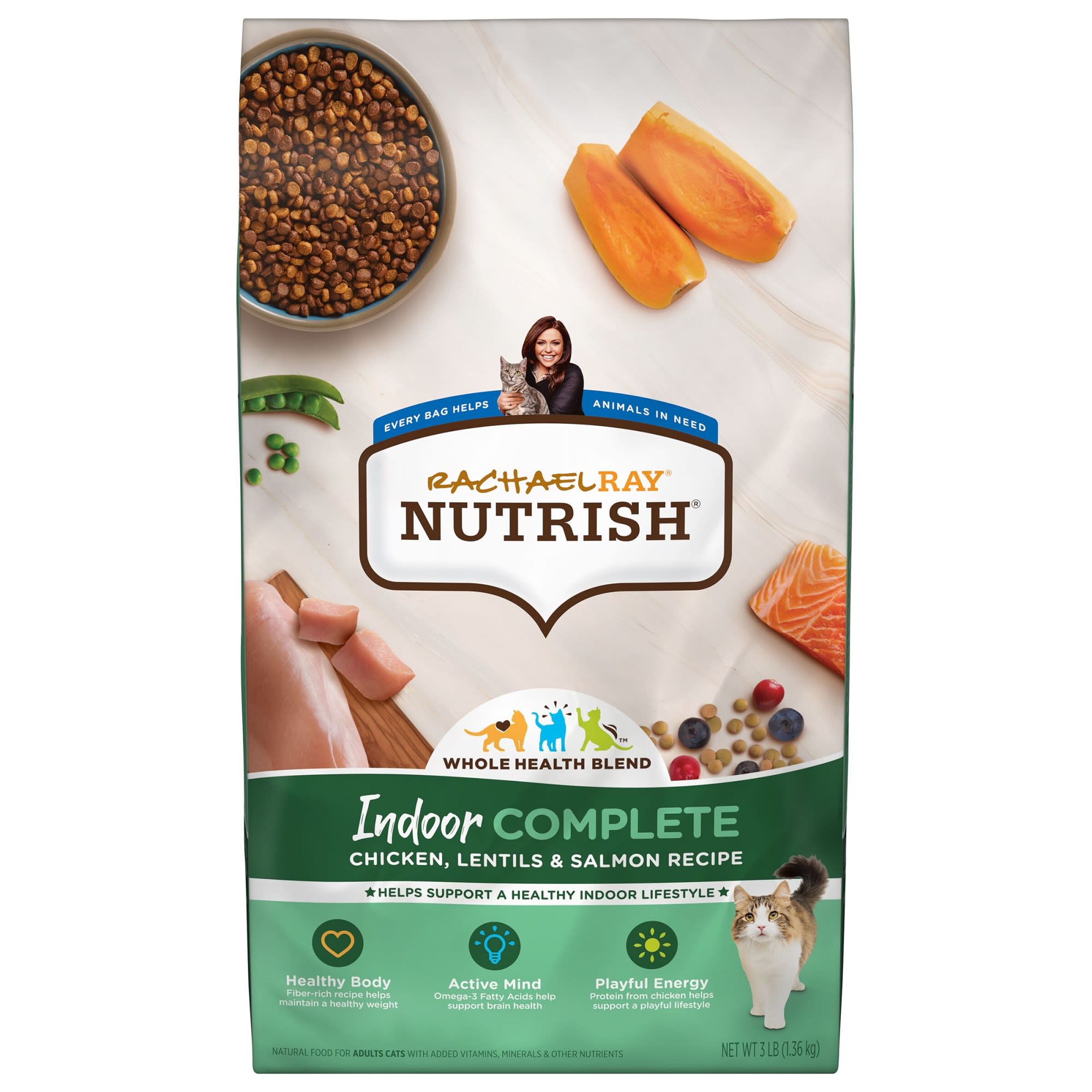 Rachael Ray Nutrish Indoor Complete Natural Chicken with Lentils Salmon Recipe Dry Cat Food 3 lbs