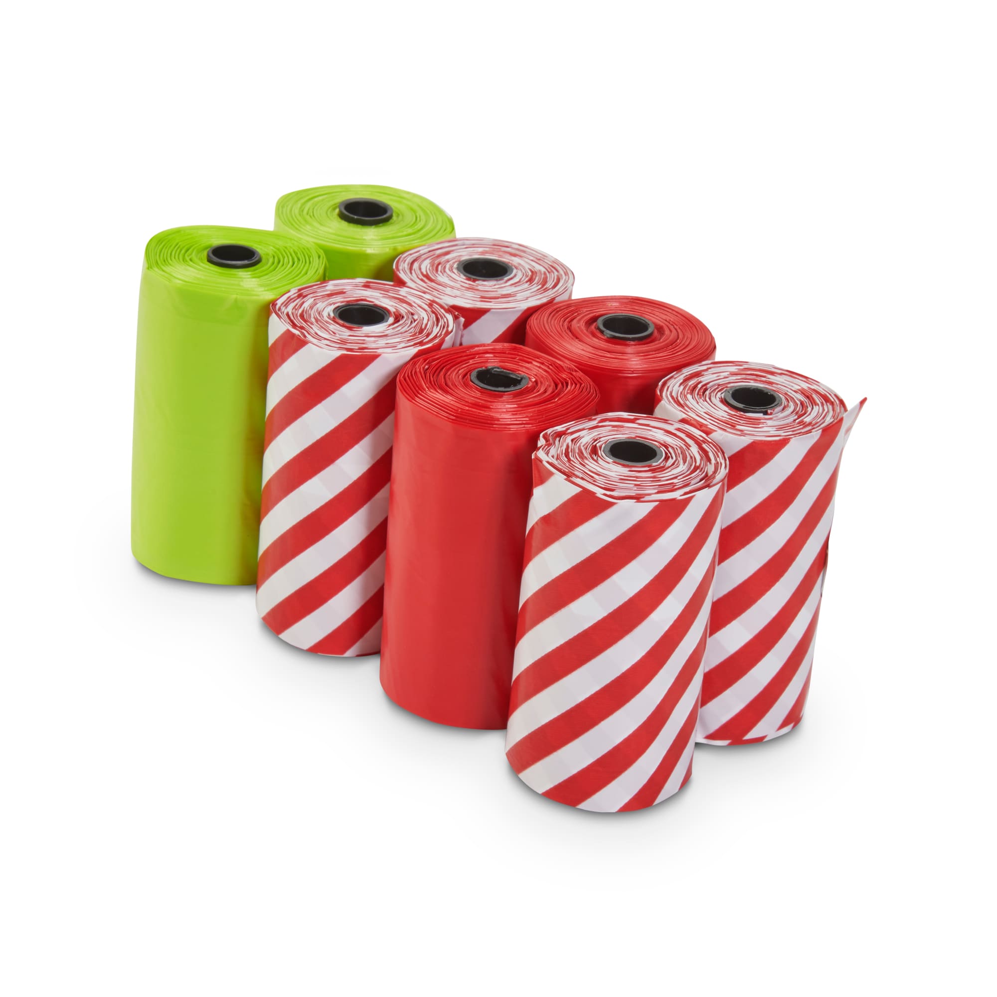 Red and green dog waste bags