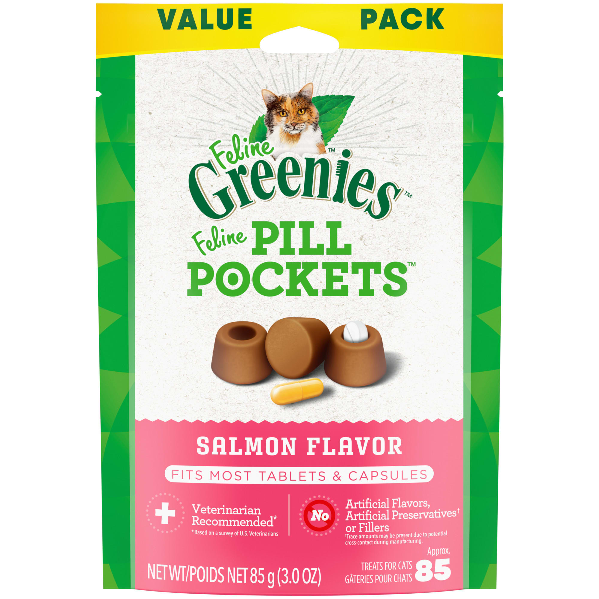 FELINE GREENIES PILL POCKETS for Cats Natural Soft Cat Treats  Salmon Flavor  3 oz. Pack (85 Treats)