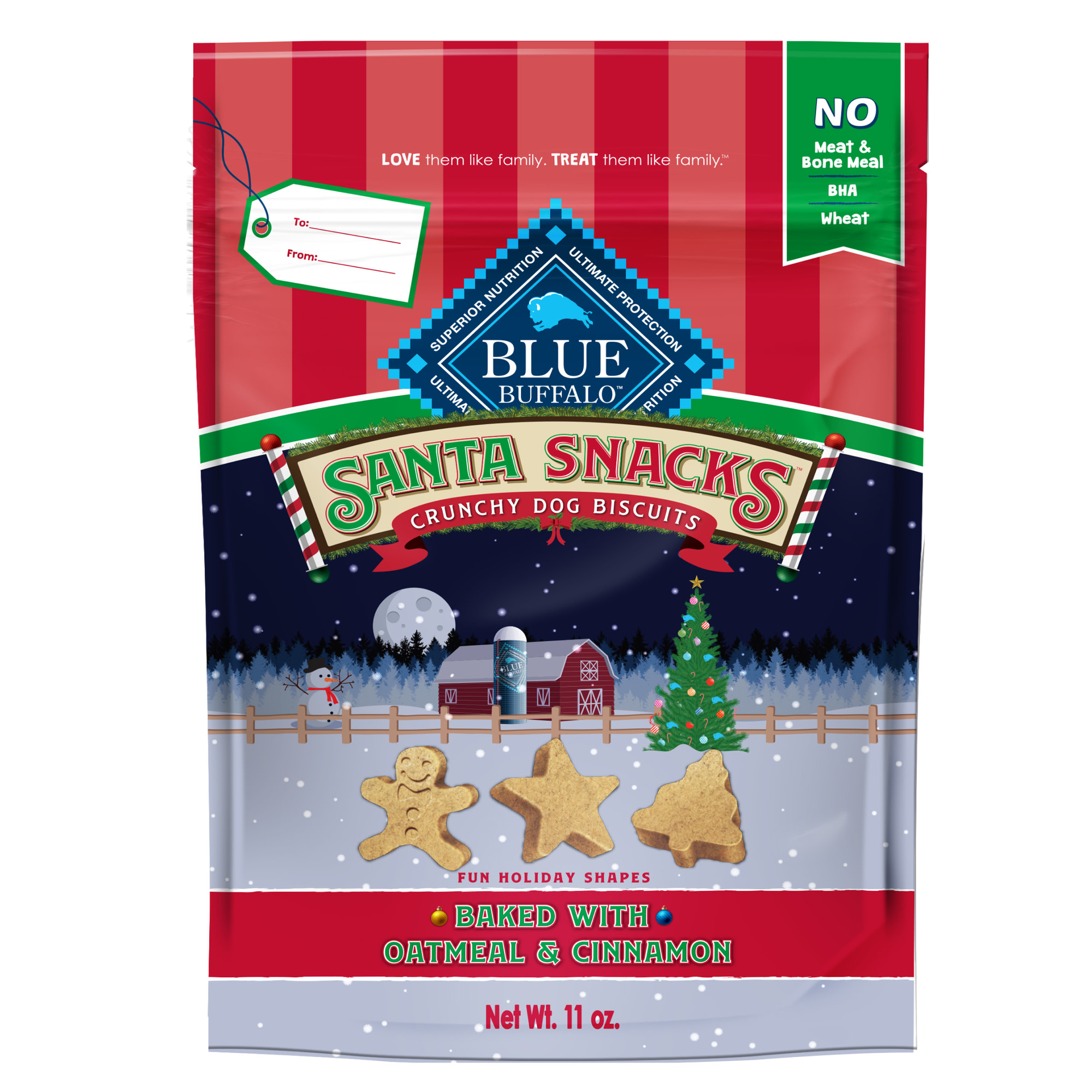 Blue Buffalo Santa Snacks Oatmeal & Cinnamon Flavor Crunchy Dry Biscuit Treats for Dogs  Whole Grain  11 oz. Bag