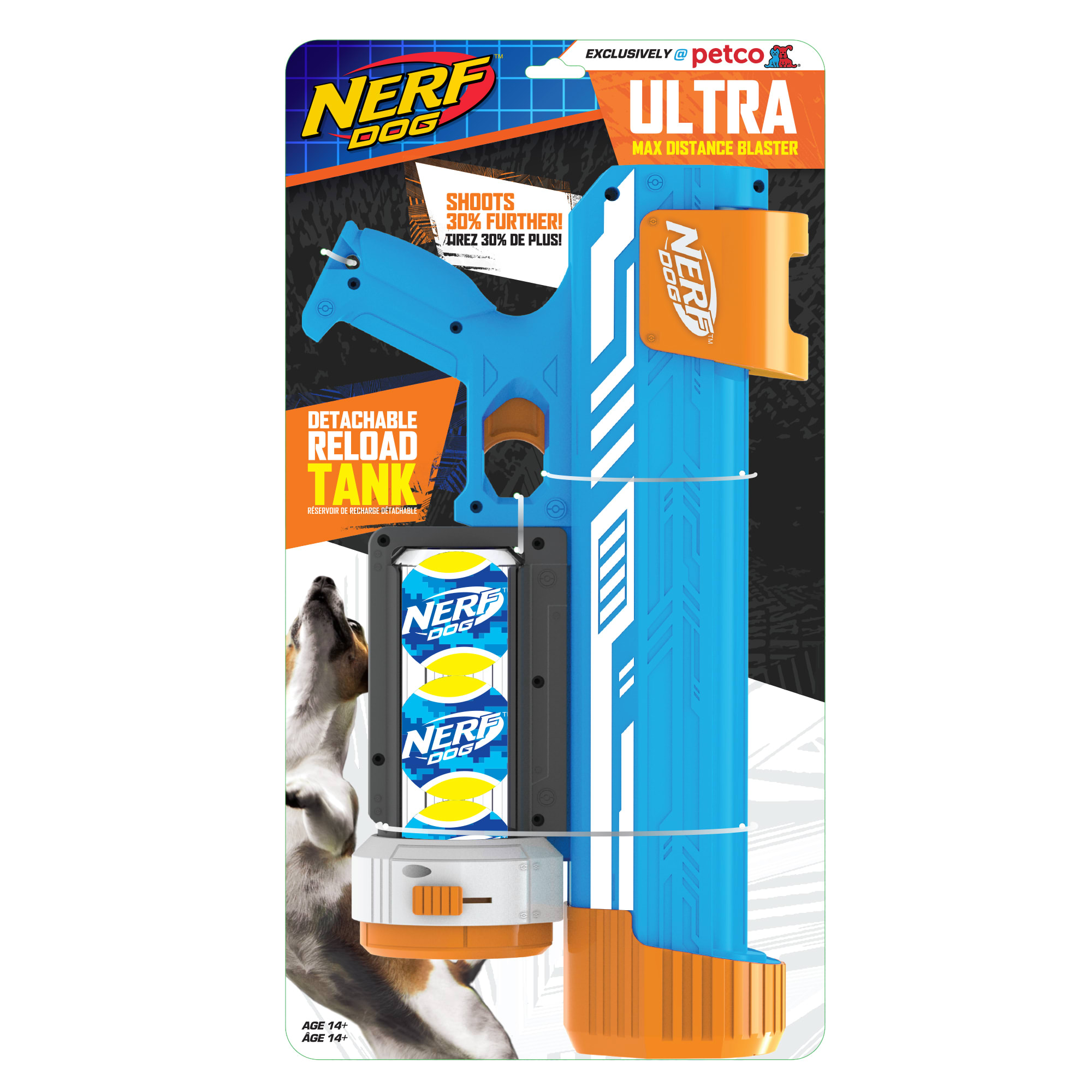 Nerf Ultra Blaster with White Stripes and Canister Dog Toy, Medium