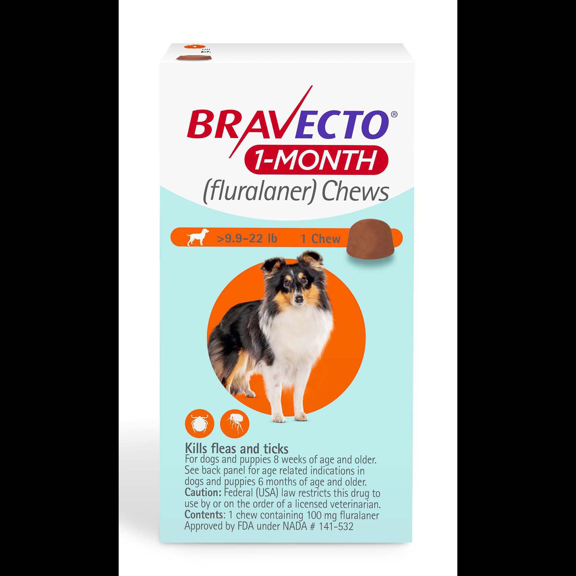 Bravecto Flea and Tick Chew for Dogs 9.9-22 lbs (4.5-10 kg) - Orange 1 Chew