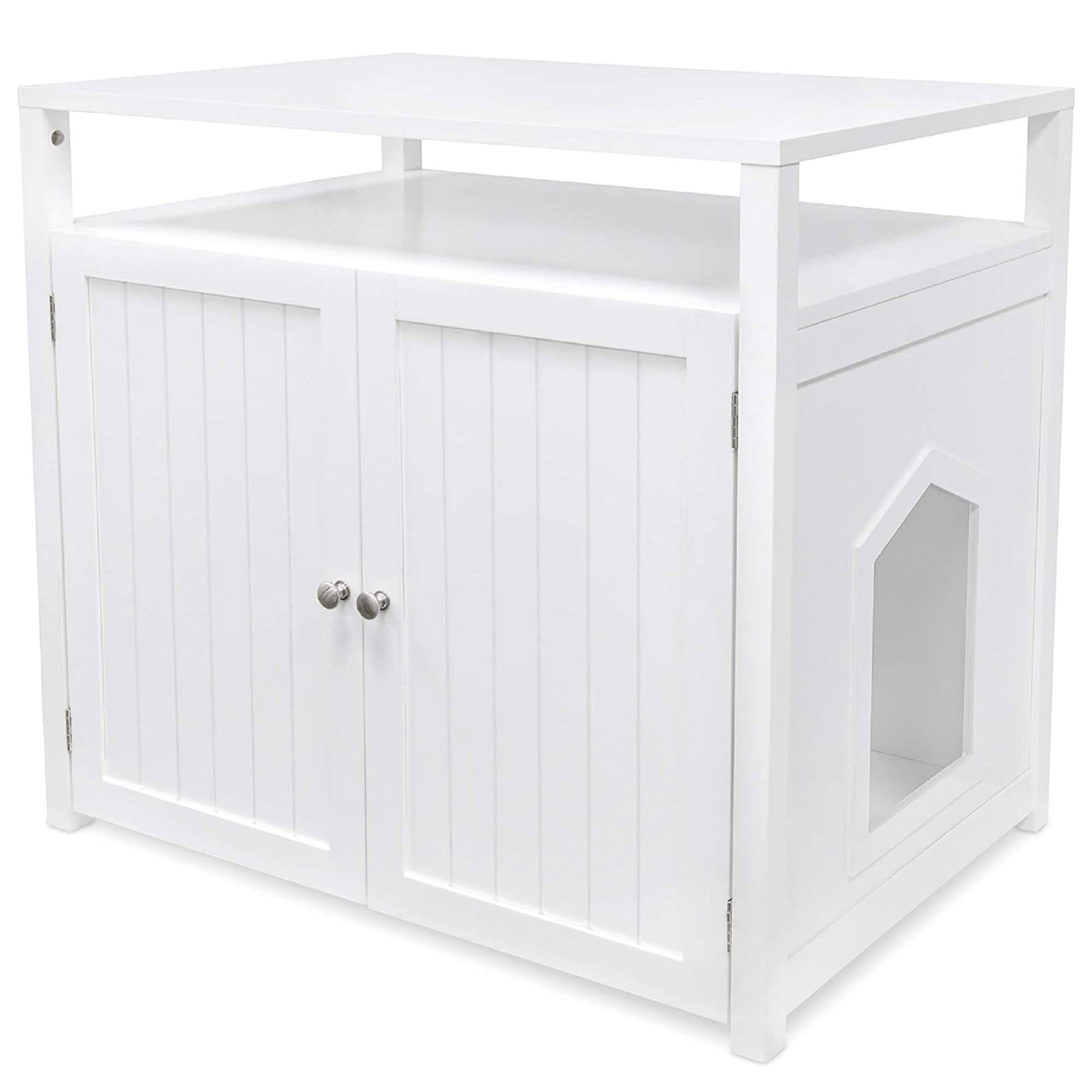 Hzuaneri Cat Litter Box Enclosure, Litter Box Furniture, Wooden Pet House,  White and Gold 01503GCLB 