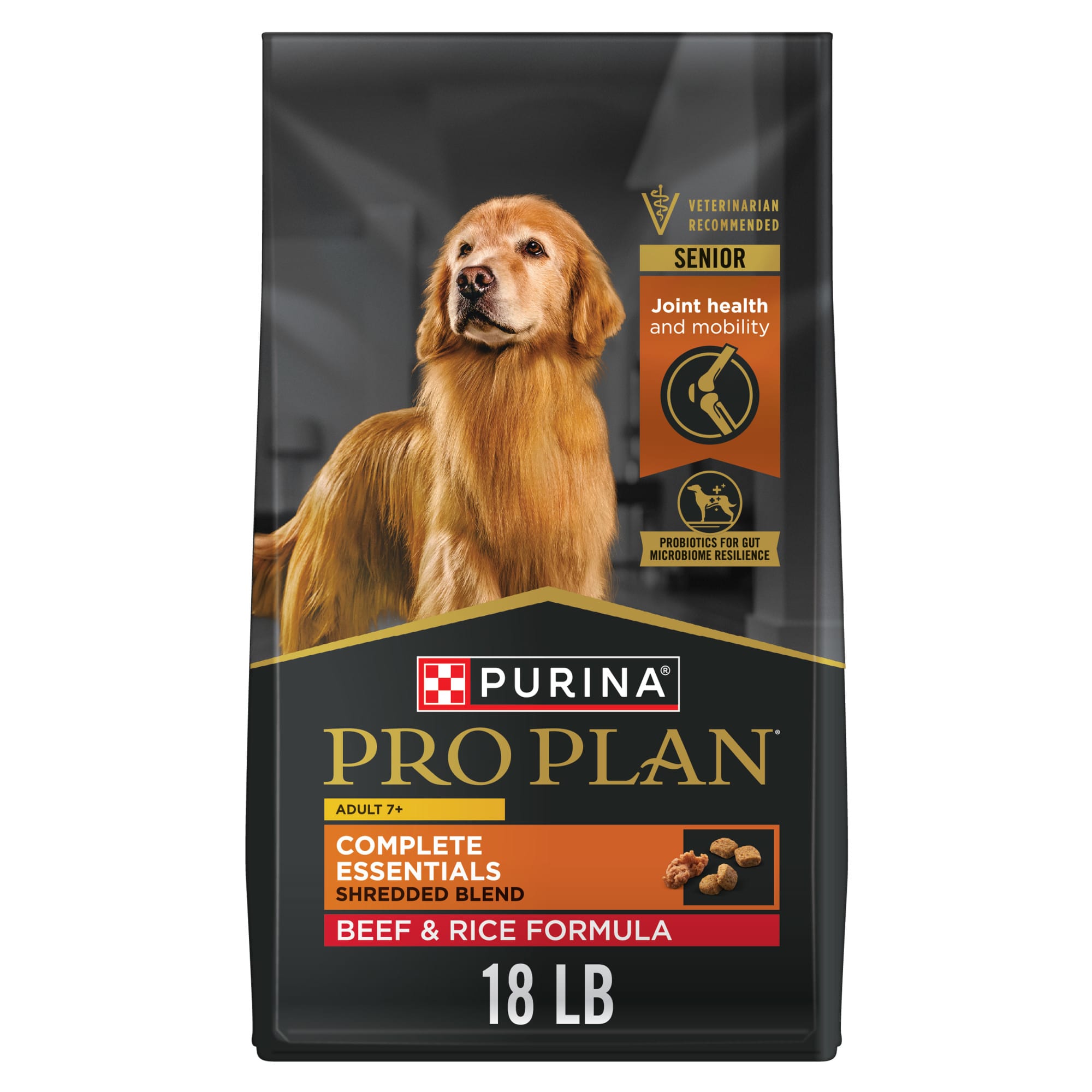 Purina Pro Plan Senior Adult 7+ Complete Essentials Shredded Blend Beef & Rice Formula High Protein Dog Food, Size: 18 lbs