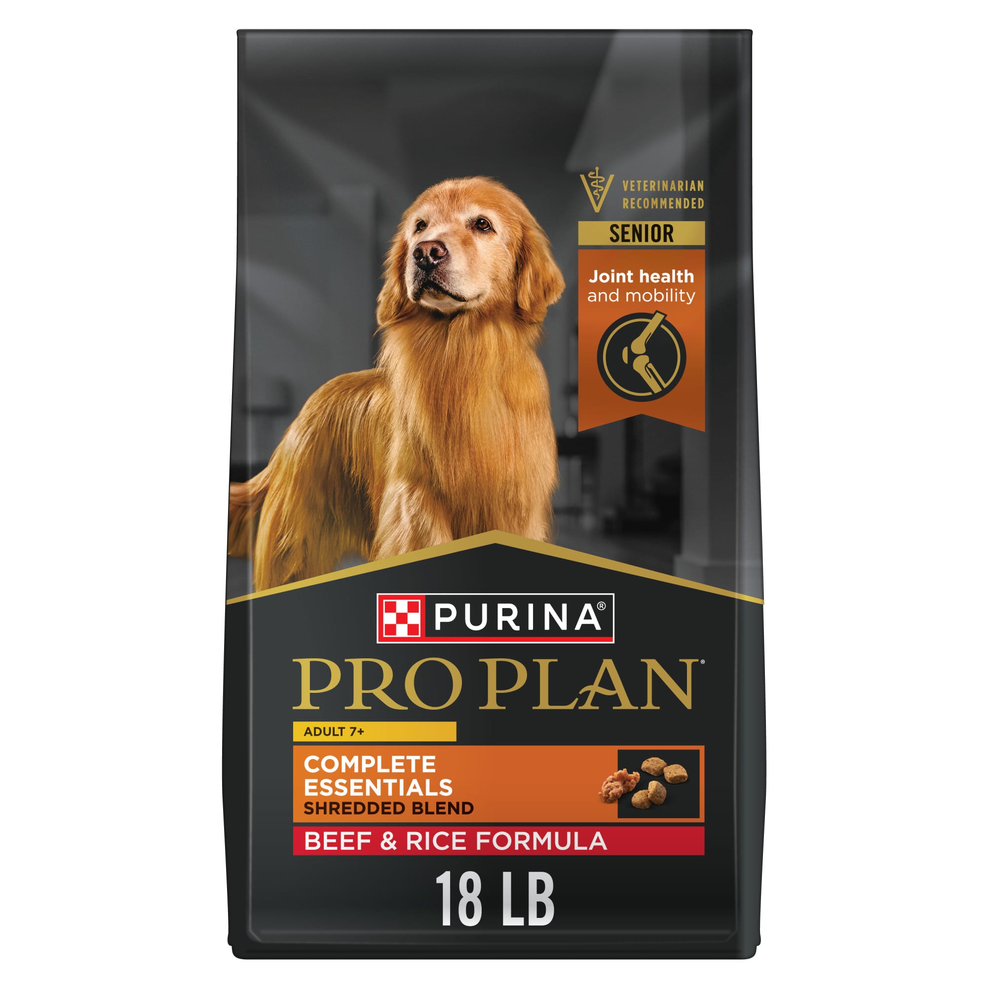 Purina Pro Plan Senior Adult 7+ Complete Essentials Shredded Blend Beef & Rice Formula High Protein Dog Food, Size: 18 lbs