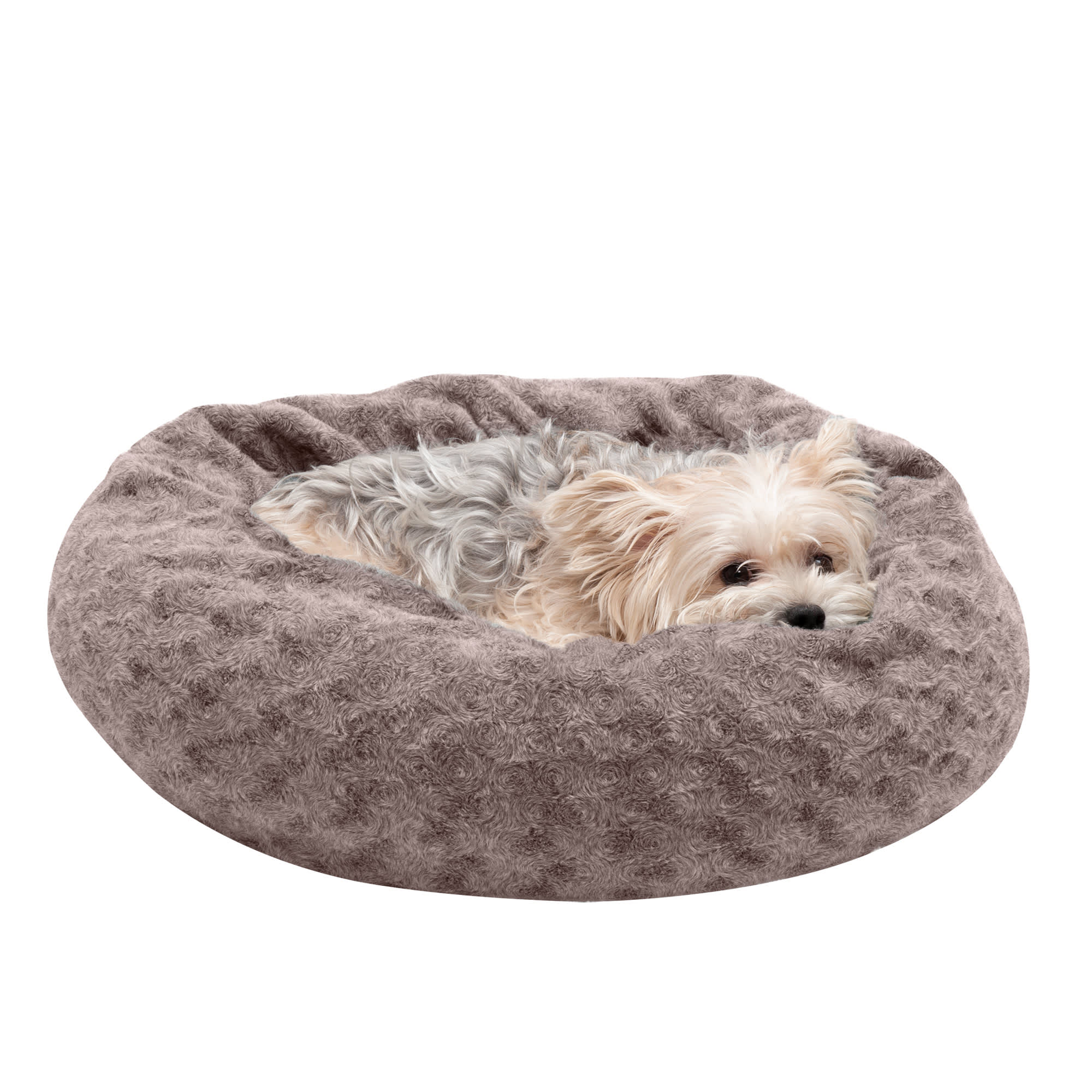 FurHaven Cocoa Dust Deep Dish Curly Fur Plush Donut Pet Bed, 20