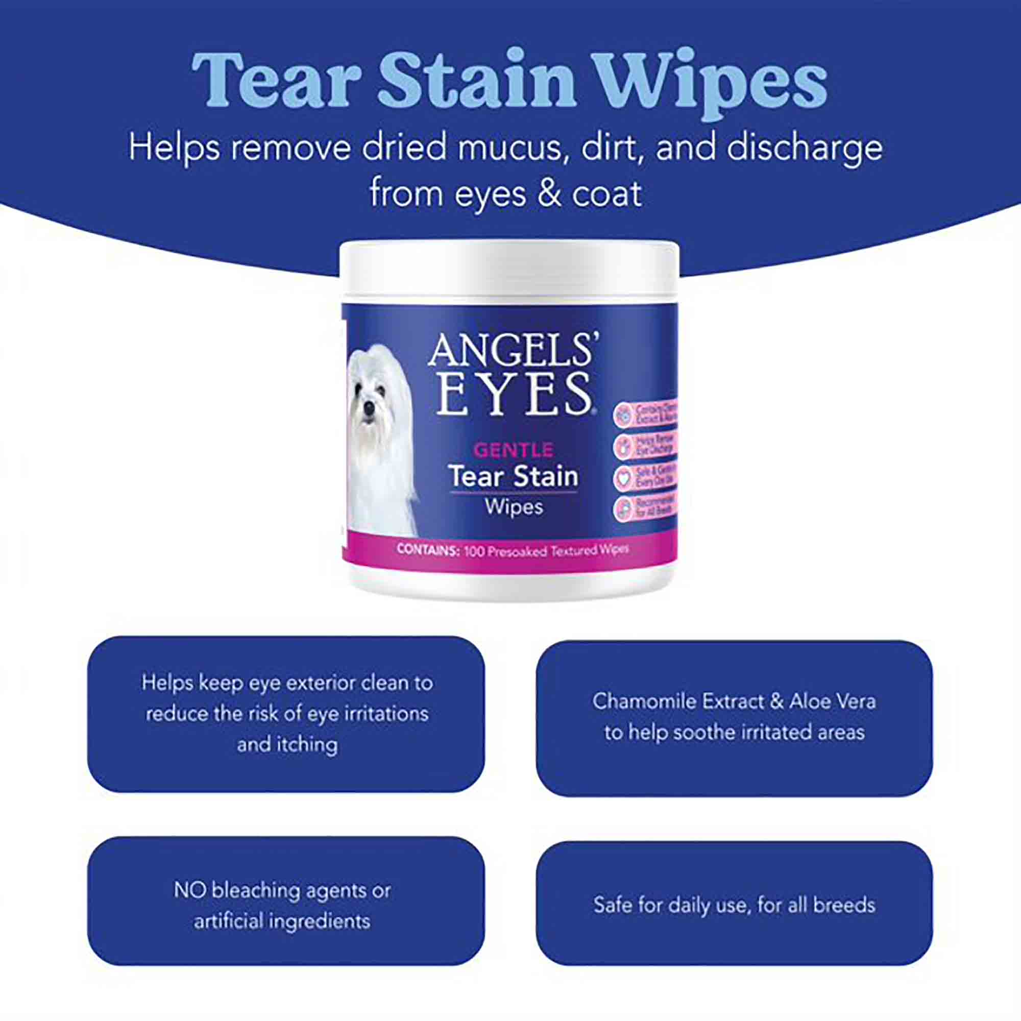 ANGELS' EYES Gentle Tear Stain Wipes for Dogs and Cats | 100 ct Presoaked &  Textured Eye & Face Wipes | Remove Discharge & Mucus Secretions