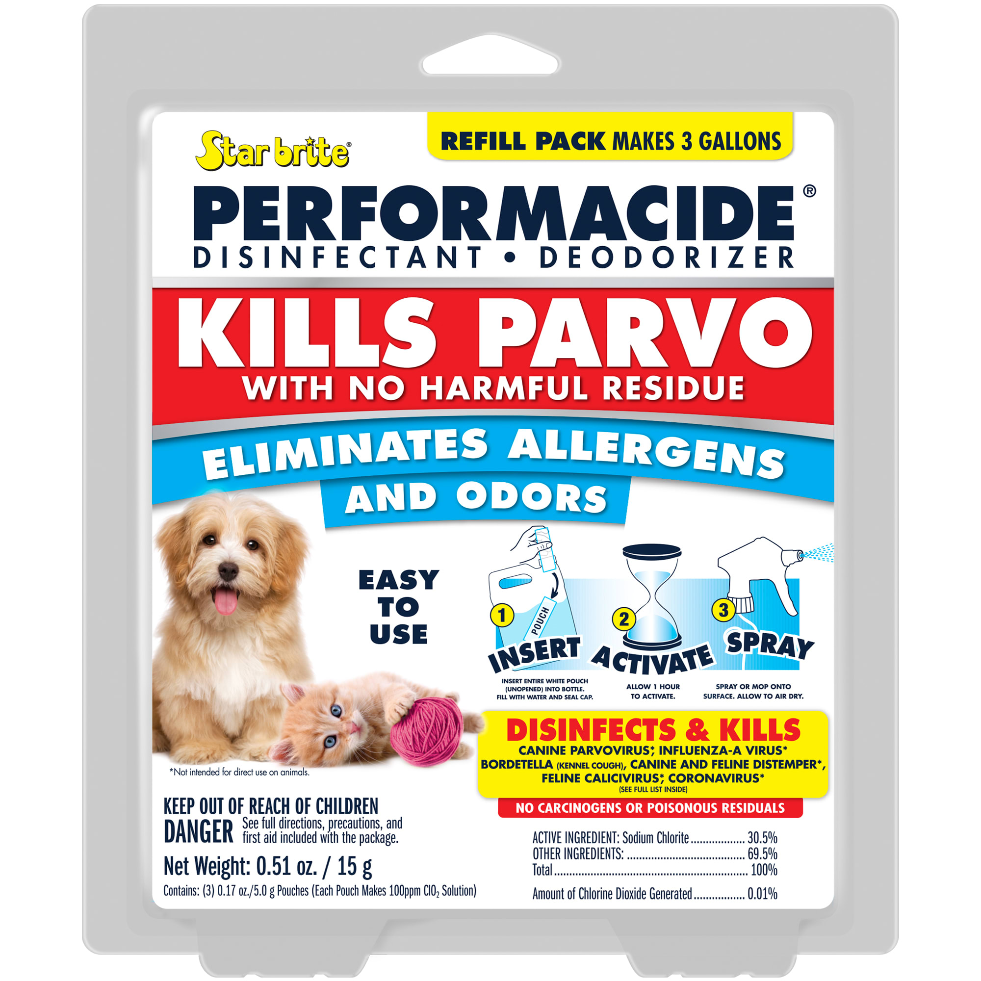 PERFORMACIDE STARBRITE Kills Parvo Disinfectant Refill Pouches for Dogs 1 Gallon Pack of 3