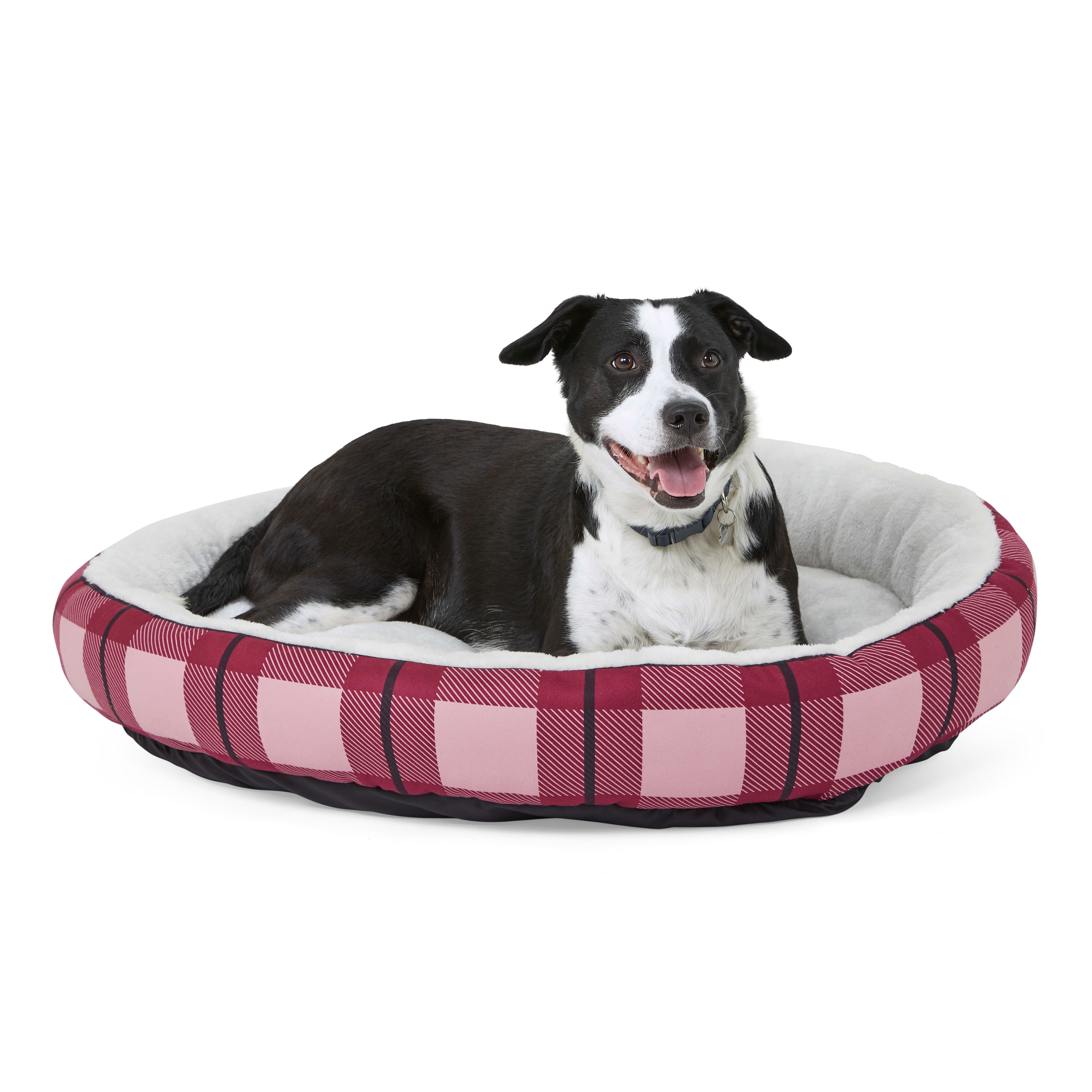 EveryYay Essentials Snooze Fest Burgundy Plaid Cuddler Dog Bed, 34" D x 5" H Petco